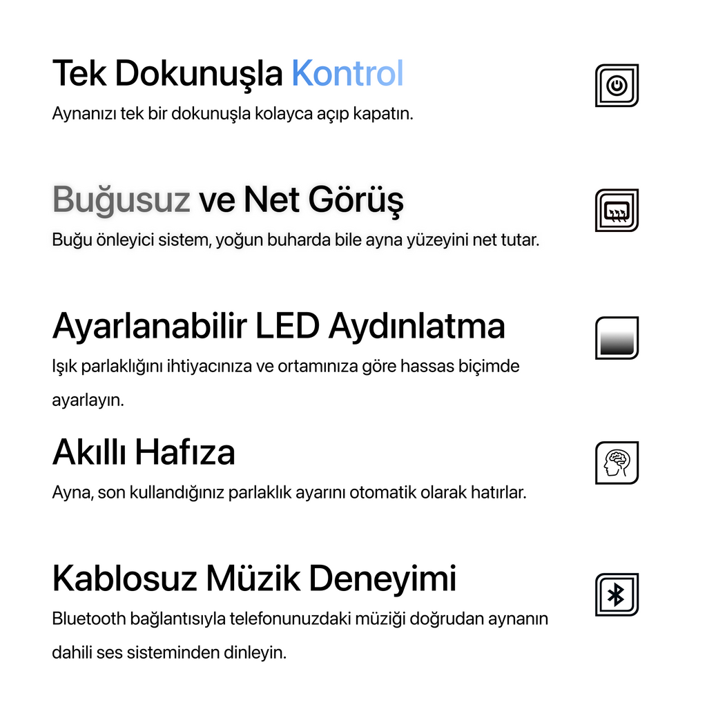 Bluetoothlu, Buğu Çözücülü, Dokunmatik LEDli Asimetrik Ayna - Beyaz Işık