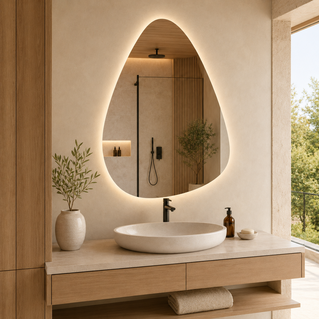 Kumlamasız LED Işıklı Asimetrik Banyo Aynası - Gün Işığı