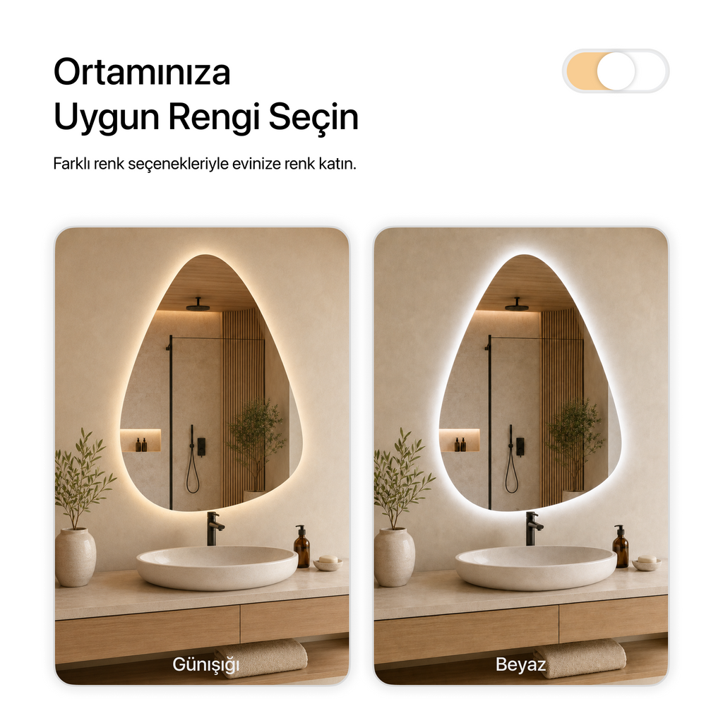 Kumlamasız LED Işıklı Asimetrik Banyo Aynası - Beyaz Işık