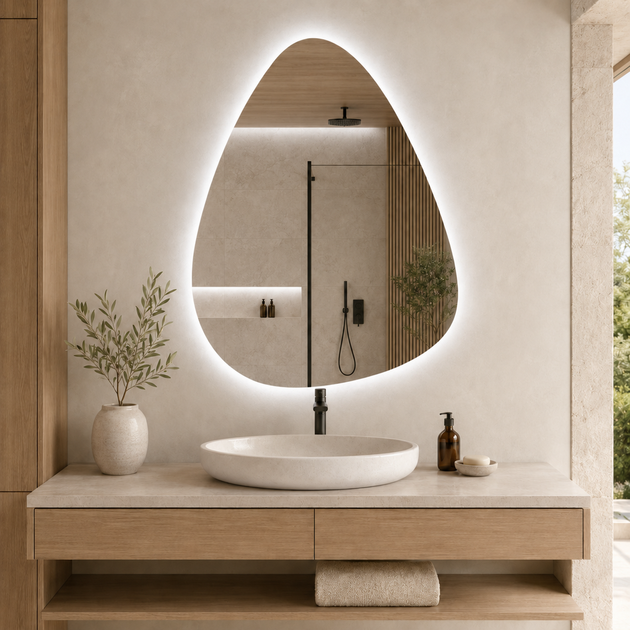 Kumlamasız LED Işıklı Asimetrik Banyo Aynası - Beyaz Işık