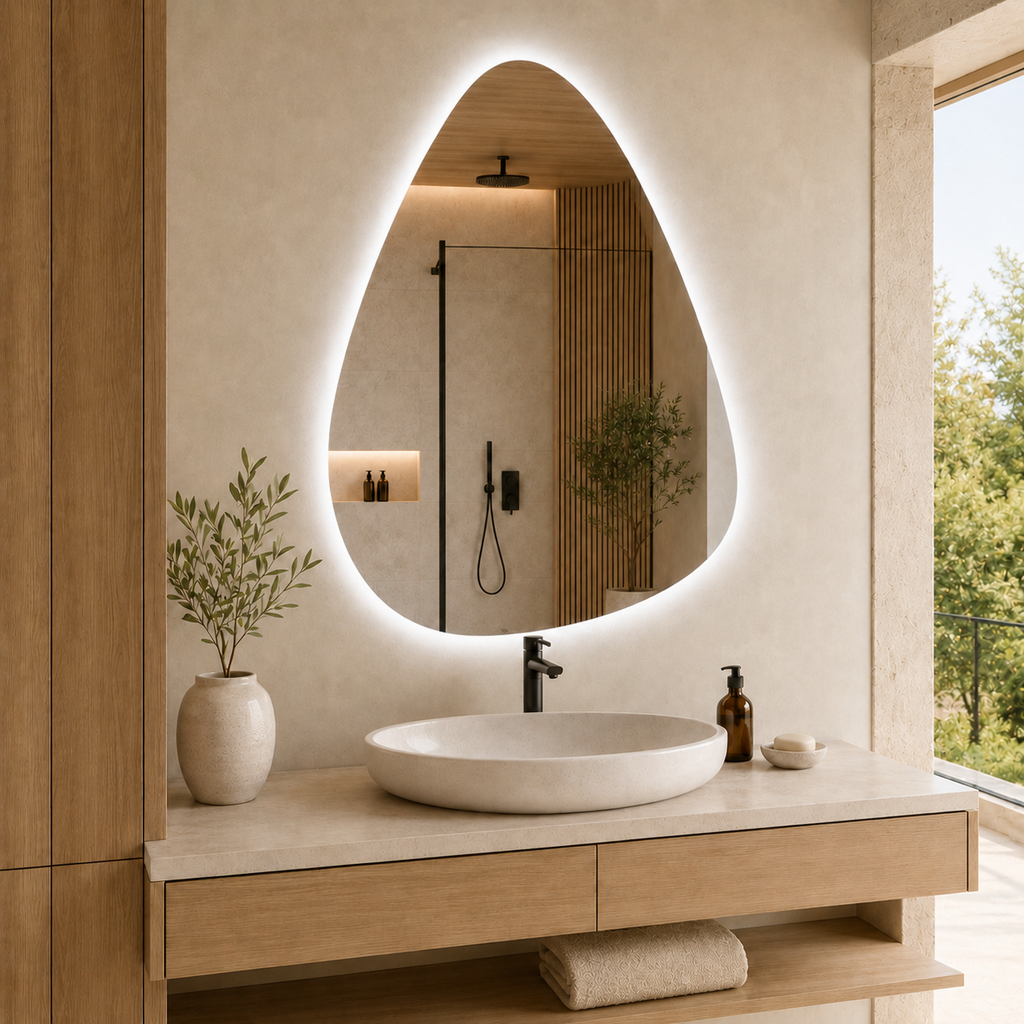 Kumlamasız LED Işıklı Asimetrik Banyo Aynası - Beyaz Işık
