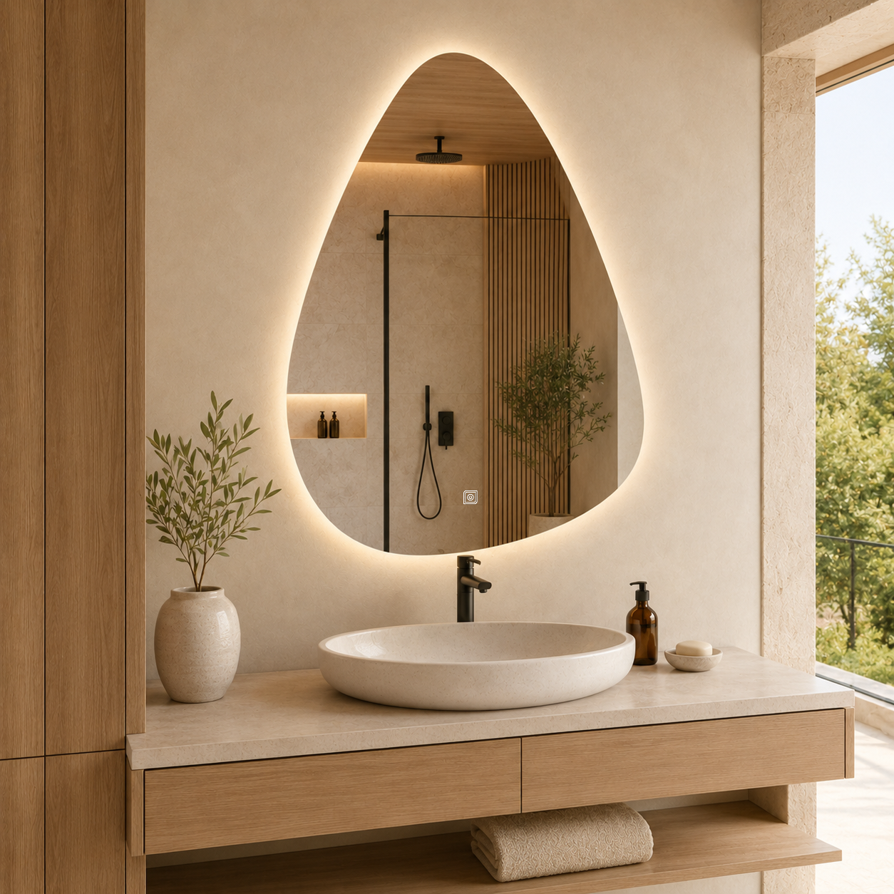 Kumlamasız Dokunmatik Tuşlu ve LED Işıklı Asimetrik Banyo Aynası - Gün Işığı