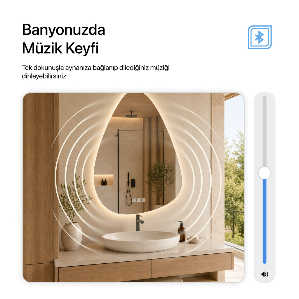 Kumlamasız Bluetoothlu, Buğu Çözücülü, Dokunmatik LEDli Asimetrik Ayna - Gün Işığı