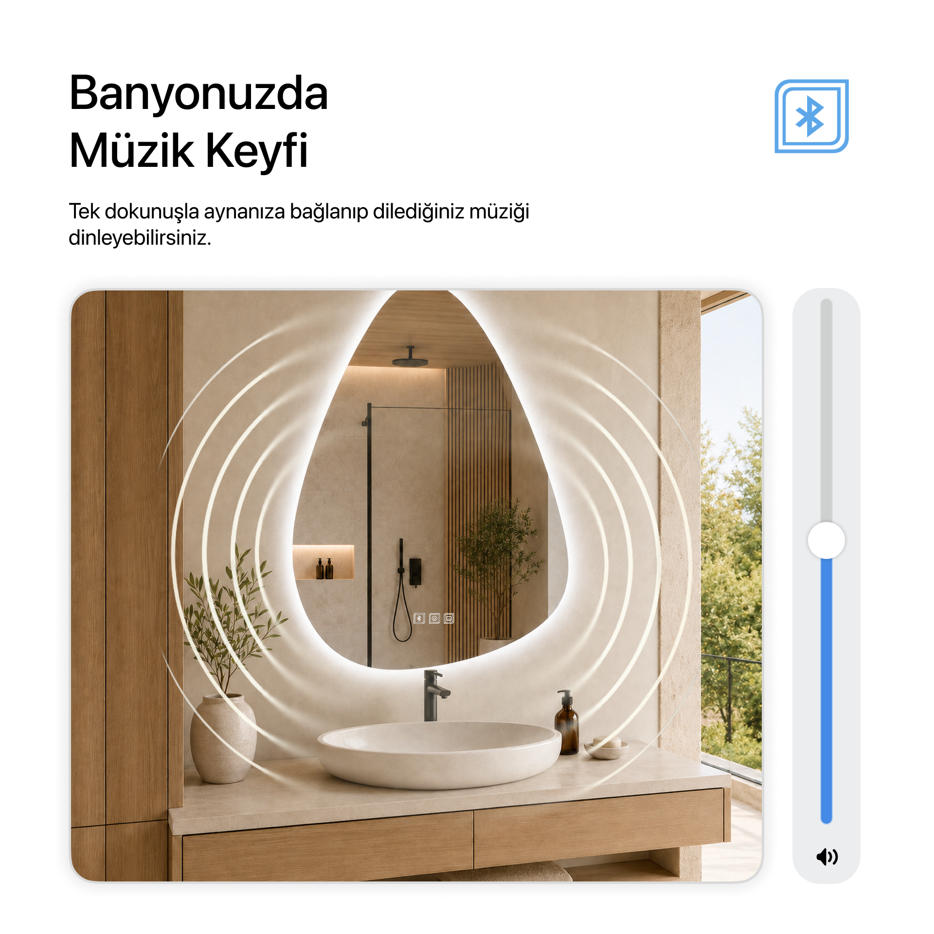 Kumlamasız Bluetoothlu, Buğu Çözücülü, Dokunmatik LEDli Asimetrik Ayna - Beyaz Işık