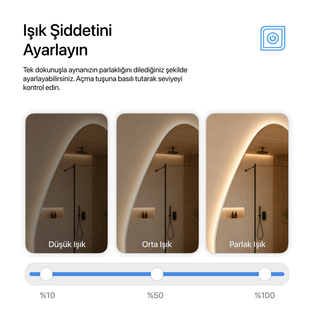Kumlamasız Dokunmatik Tuşlu ve LED Işıklı Asimetrik Banyo Aynası - Gün Işığı