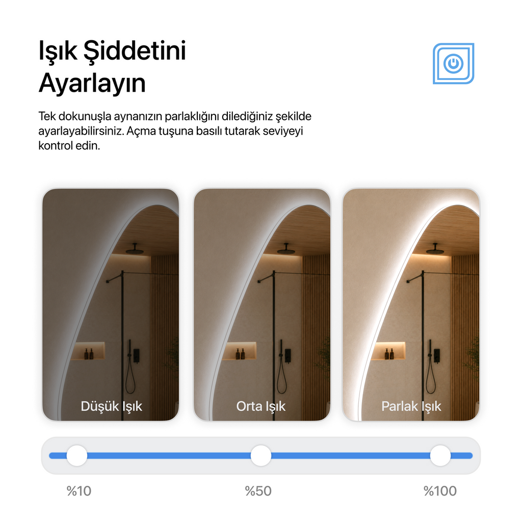 Kumlamasız Dokunmatik Tuşlu ve LED Işıklı Asimetrik Banyo Aynası - Beyaz Işık