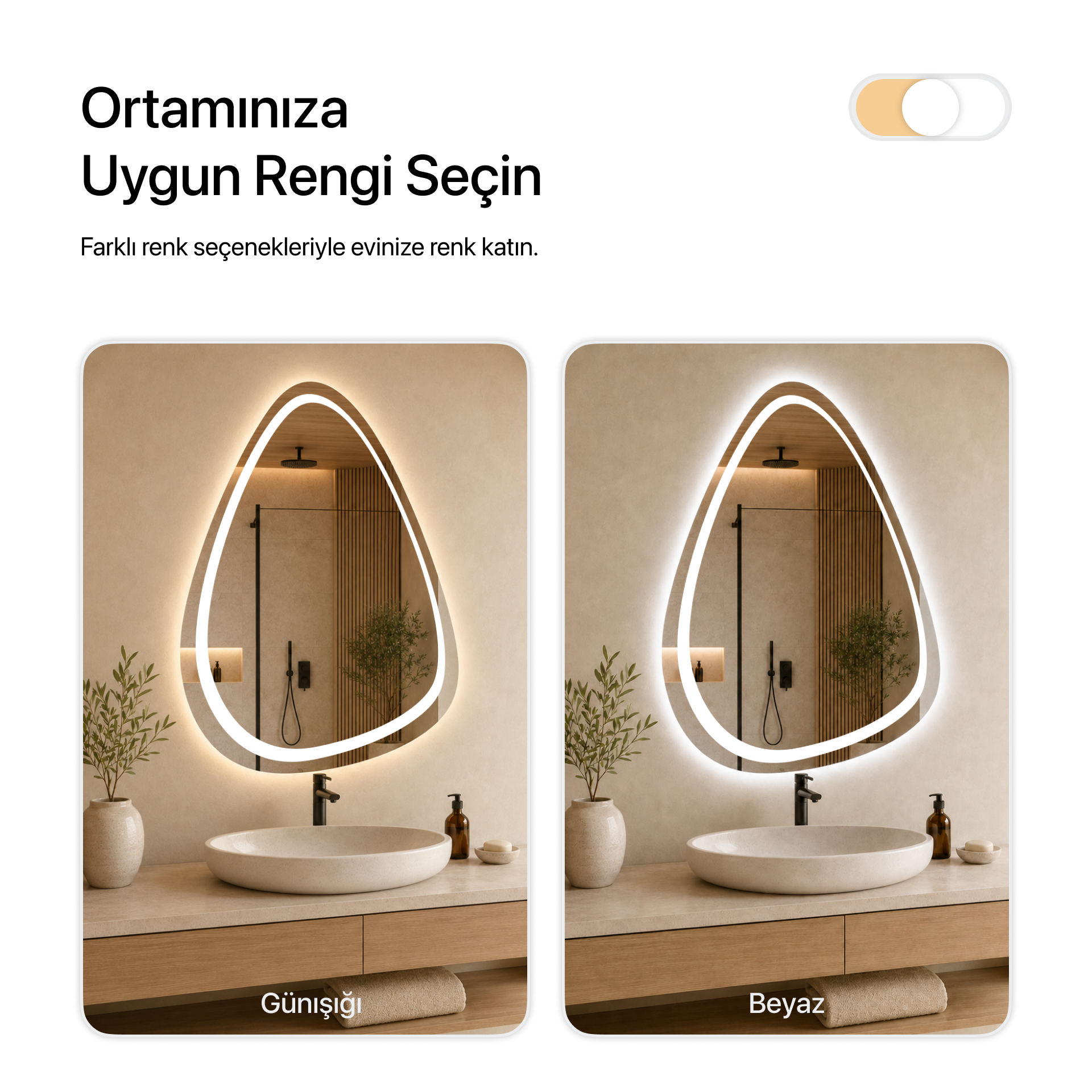 LED Işıklı Asimetrik Banyo Aynası - Gün Işığı
