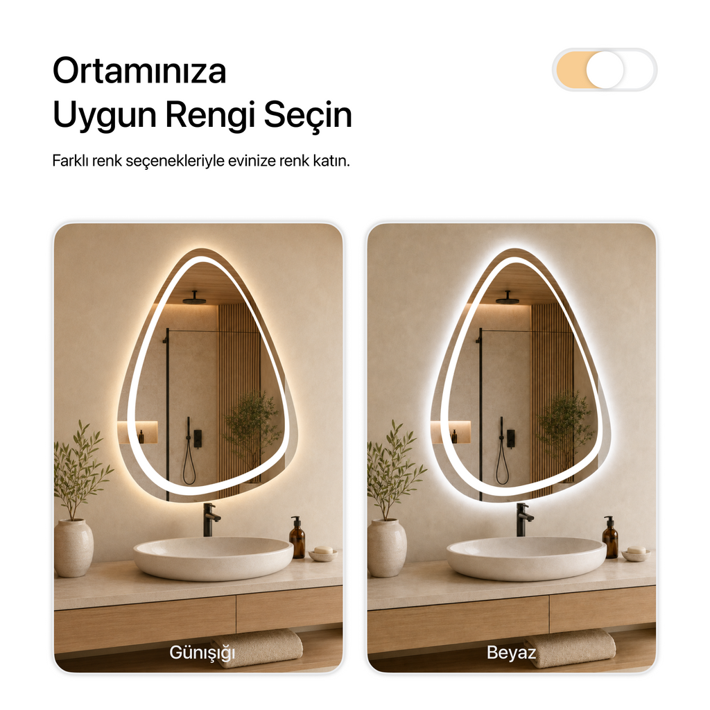 LED Işıklı Asimetrik Banyo Aynası - Beyaz Işık