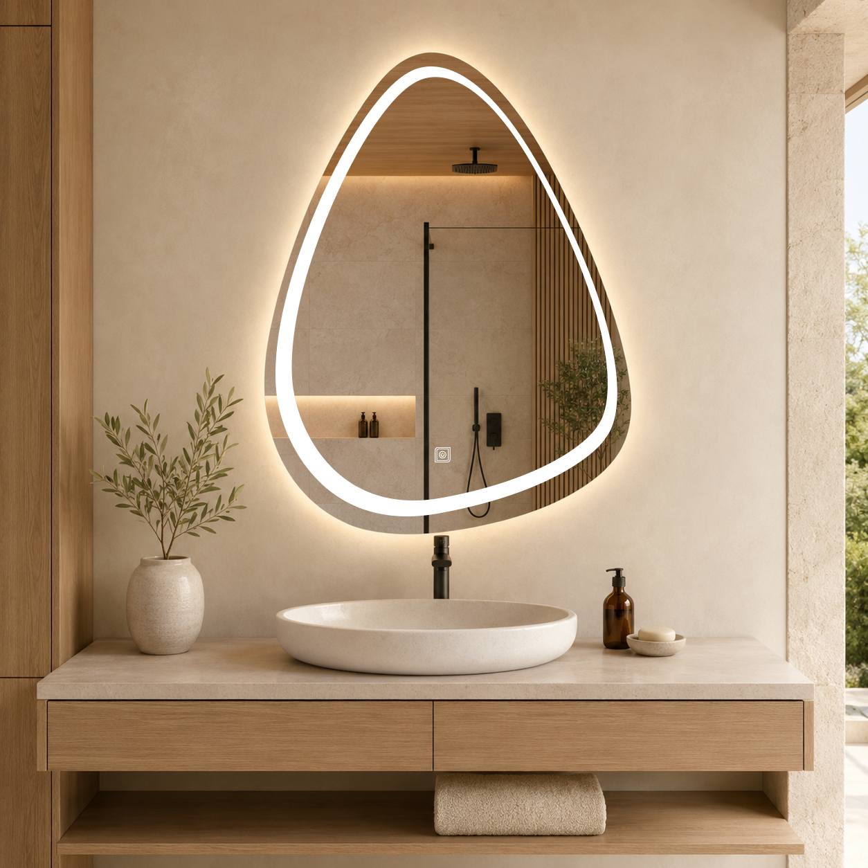 Dokunmatik Tuşlu ve LED Işıklı Asimetrik Banyo Aynası - Gün Işığı