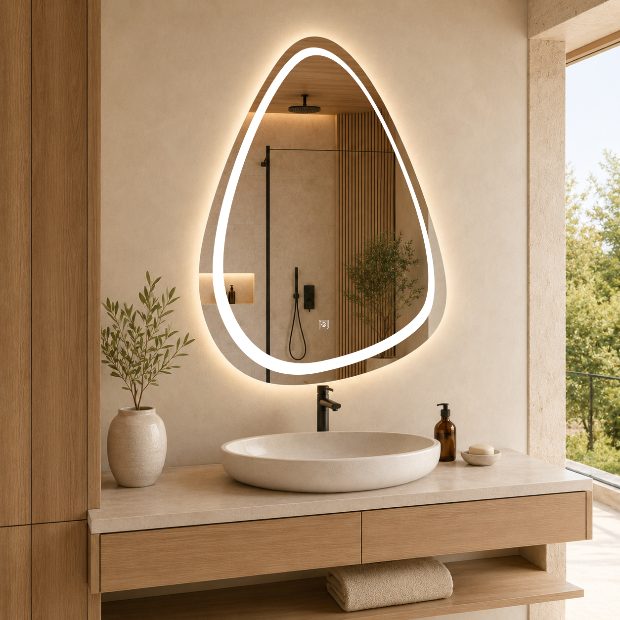 Dokunmatik Tuşlu ve LED Işıklı Asimetrik Banyo Aynası - Gün Işığı