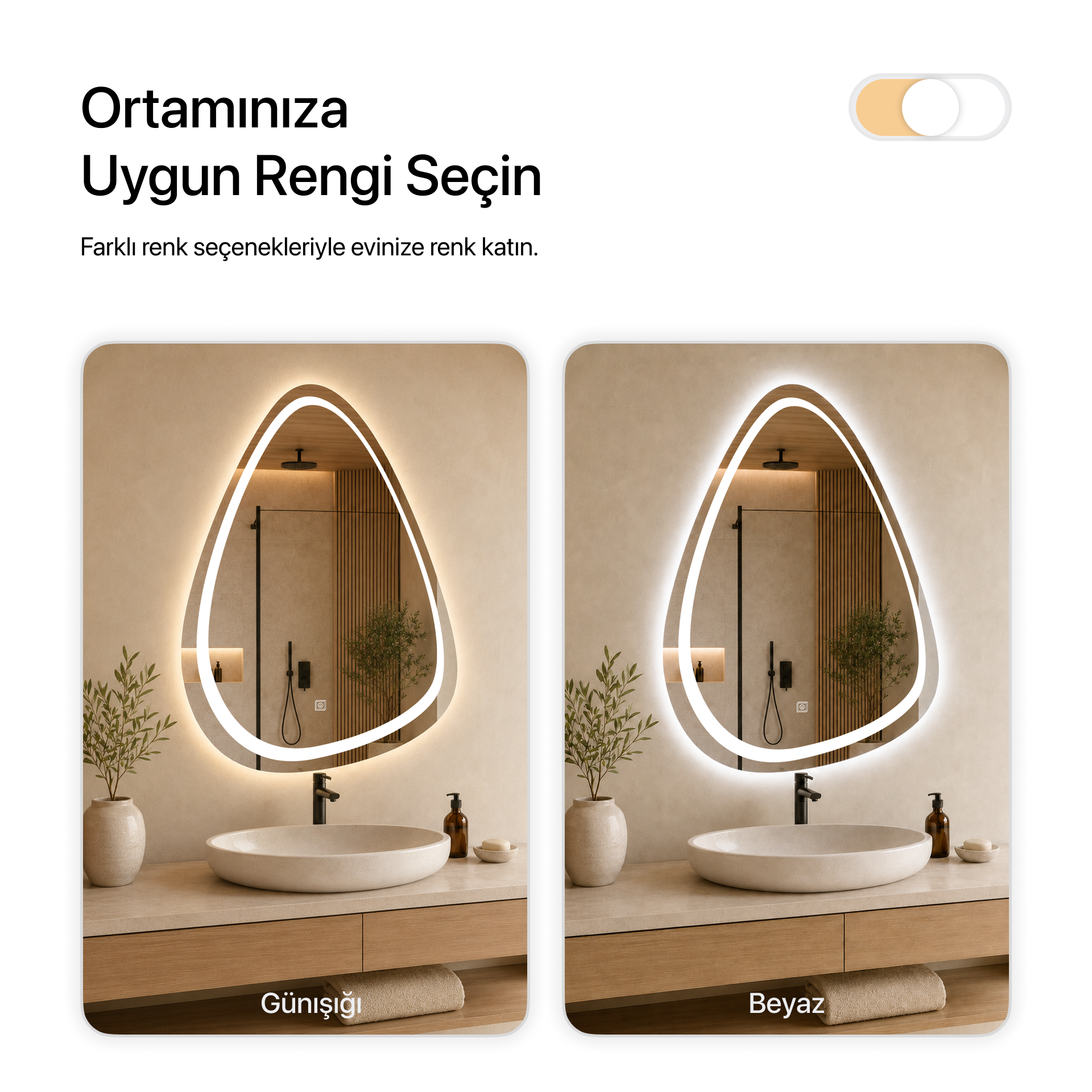 Dokunmatik Tuşlu ve LED Işıklı Asimetrik Banyo Aynası - Gün Işığı