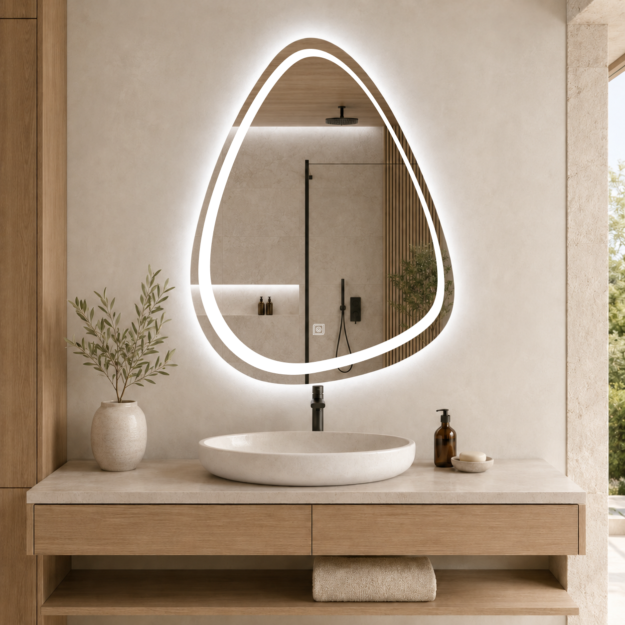 Dokunmatik Tuşlu ve LED Işıklı Asimetrik Banyo Aynası - Beyaz Işık
