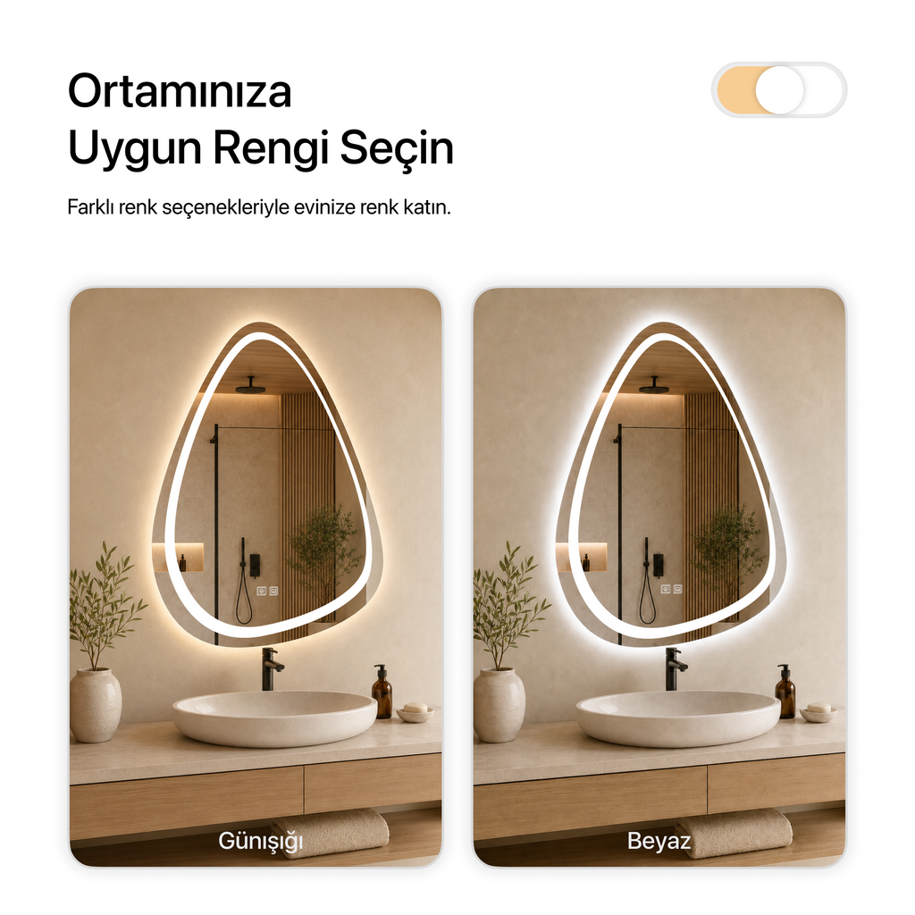 Buğu Çözücülü, Dokunmatik Tuşlu, LED Işıklı Asimetrik Banyo Aynası - Gün Işığı