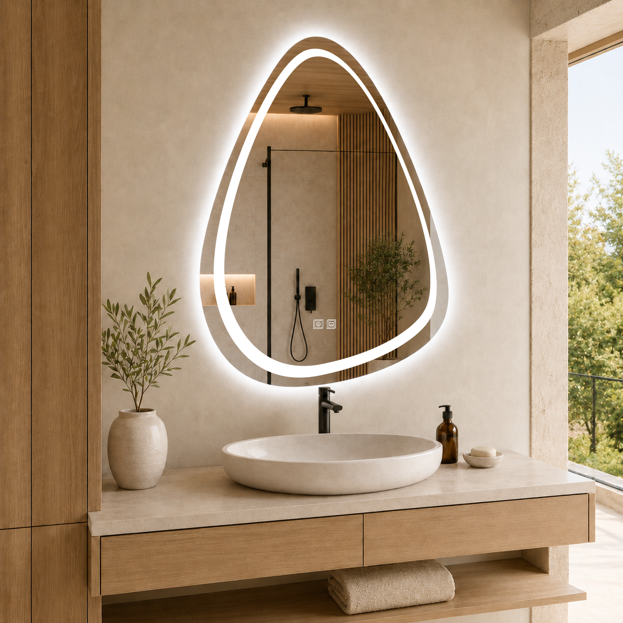 Buğu Çözücülü, Dokunmatik Tuşlu, LED Işıklı Asimetrik Banyo Aynası - Beyaz Işık