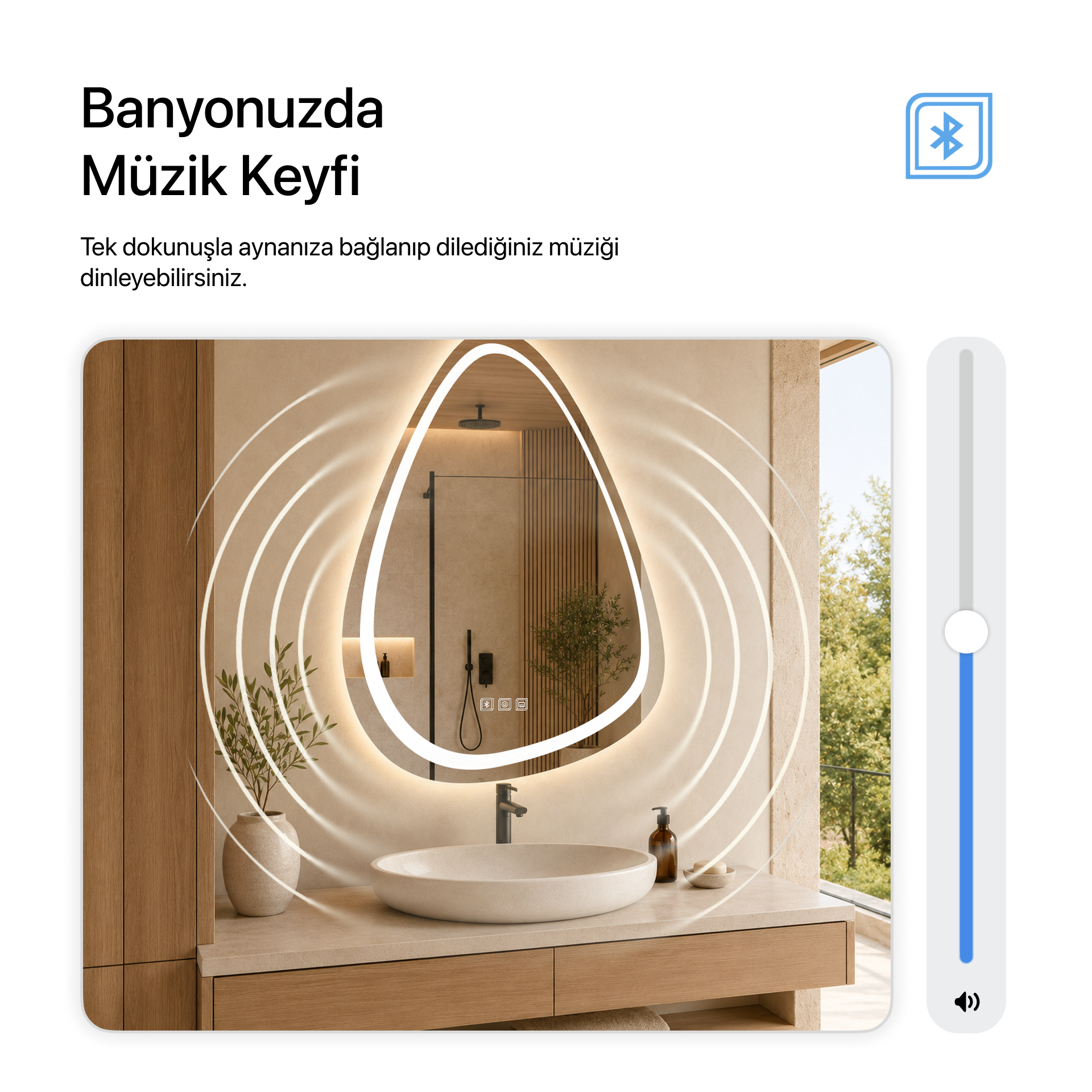 Bluetoothlu, Buğu Çözücülü, Dokunmatik LEDli Asimetrik Ayna - Gün Işığı