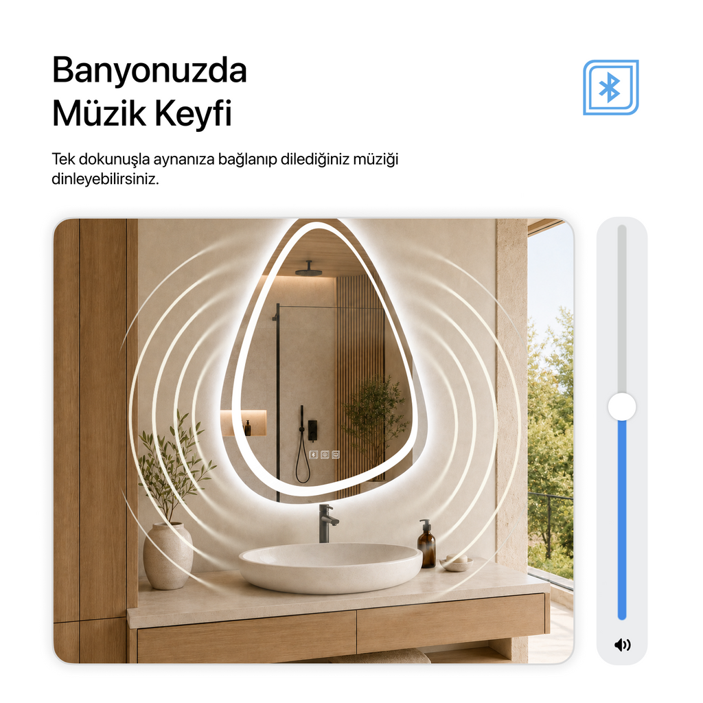 Bluetoothlu, Buğu Çözücülü, Dokunmatik LEDli Asimetrik Ayna - Beyaz Işık