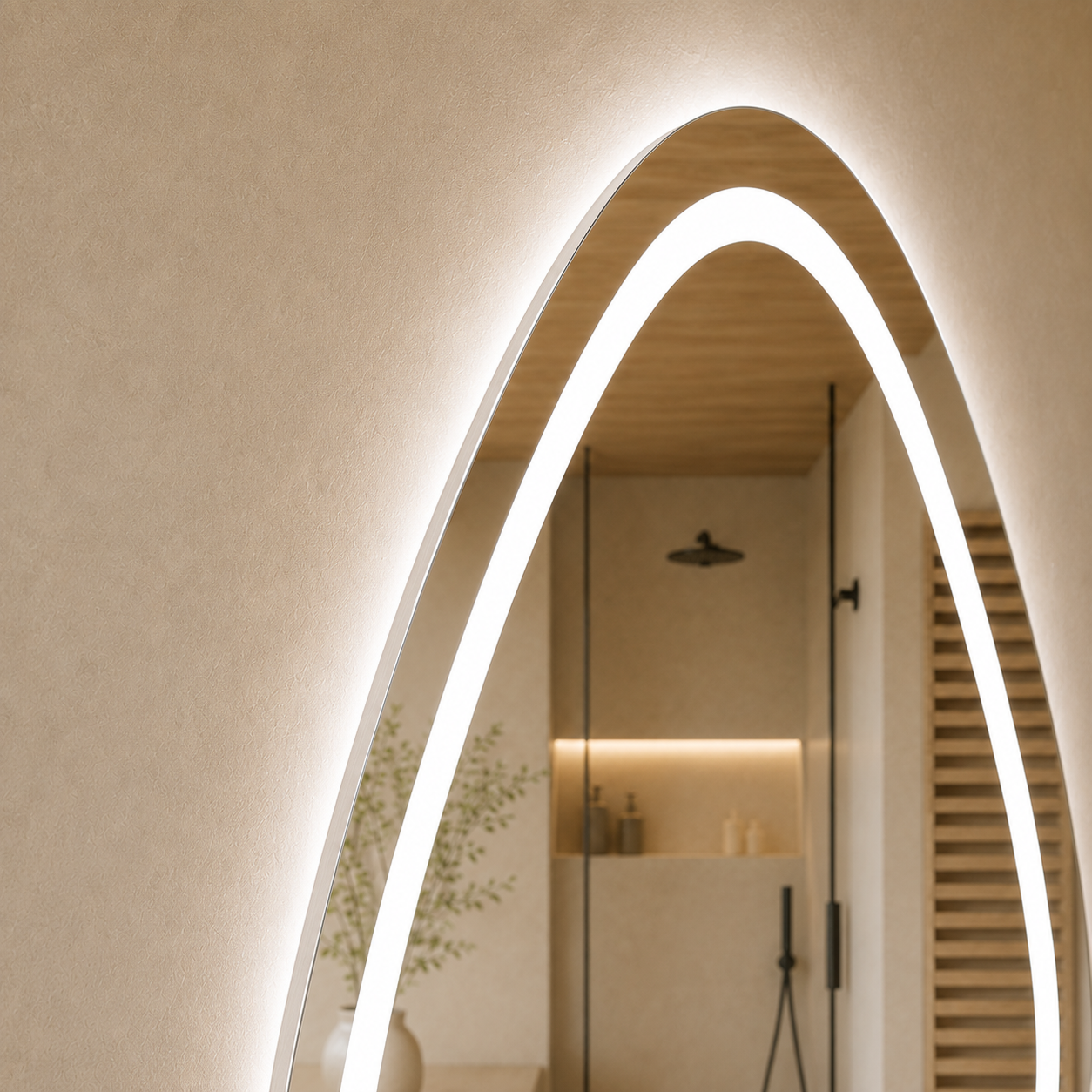 Buğu Çözücülü, Dokunmatik Tuşlu, LED Işıklı Asimetrik Banyo Aynası - Beyaz Işık