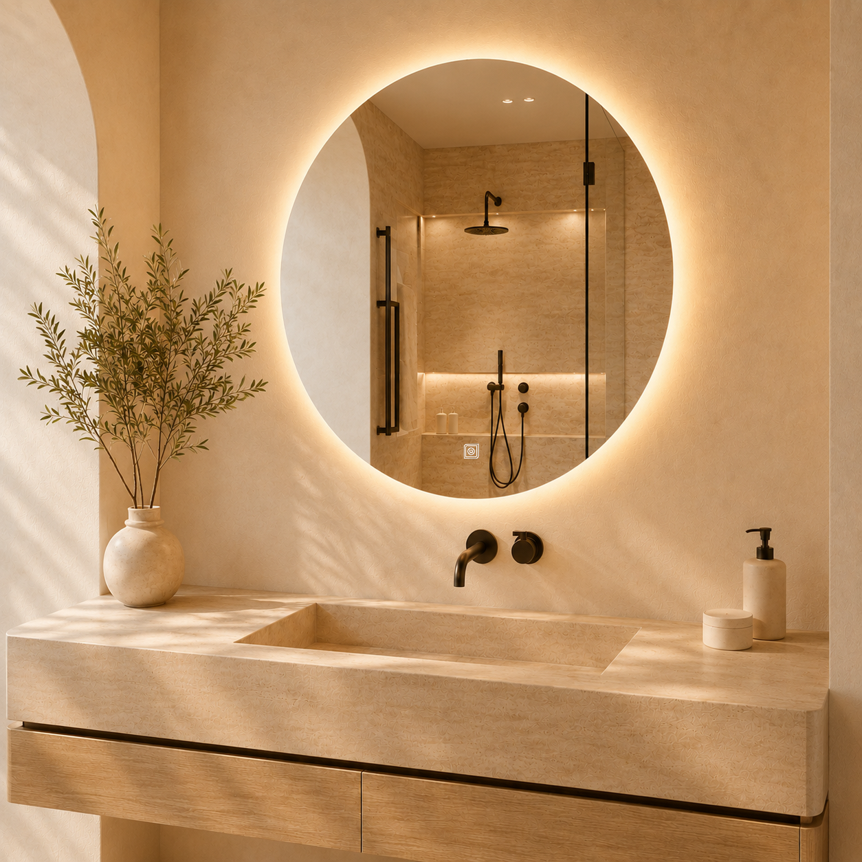 Kumlamasız Dokunmatik Tuşlu ve LED Işıklı Yuvarlak Banyo Aynası - Gün Işığı