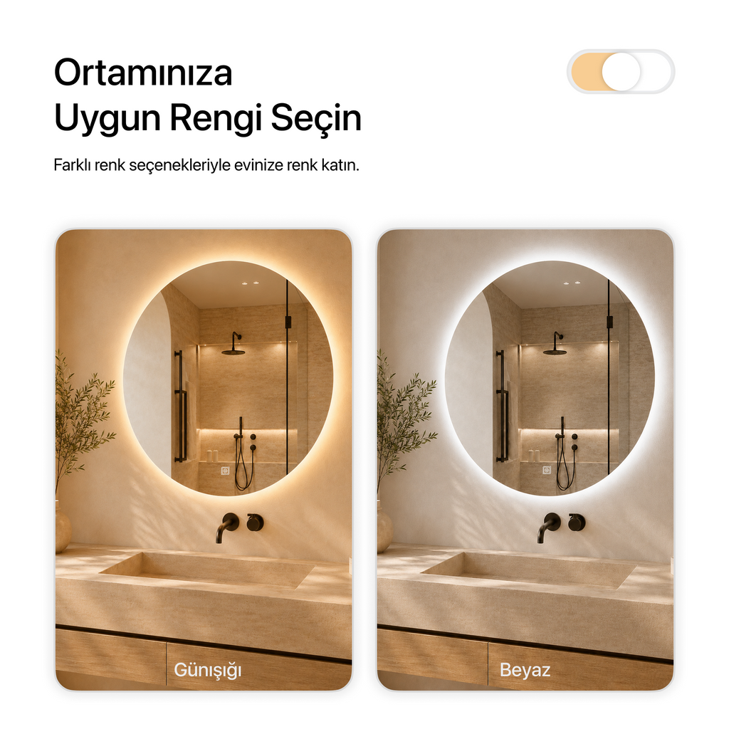 Kumlamasız Dokunmatik Tuşlu ve LED Işıklı Yuvarlak Banyo Aynası - Gün Işığı