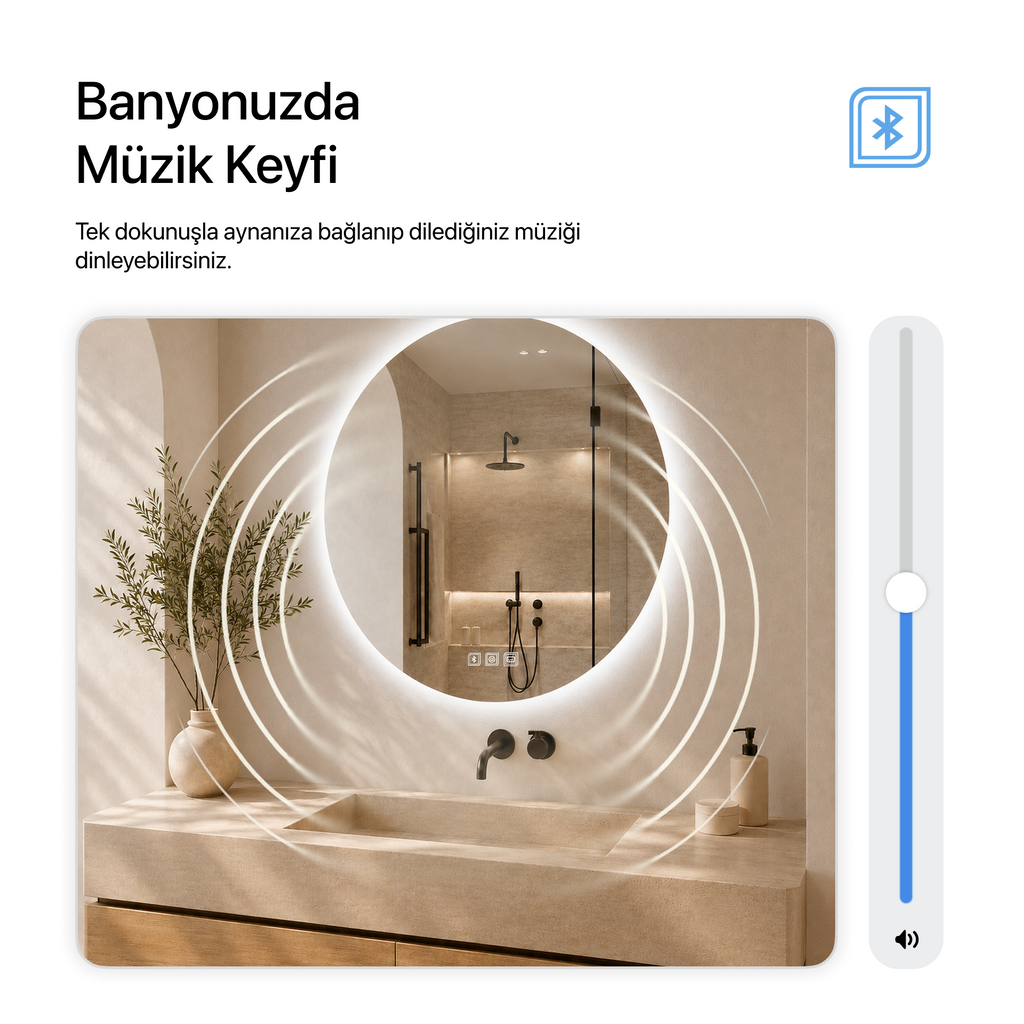 Kumlamasız Bluetoothlu, Buğu Çözücülü, Dokunmatik LEDli Yuvarlak Ayna - Beyaz Işık