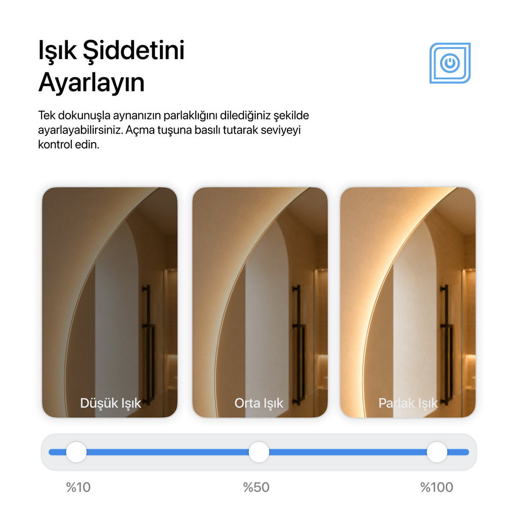 Kumlamasız Dokunmatik Tuşlu ve LED Işıklı Yuvarlak Banyo Aynası - Gün Işığı