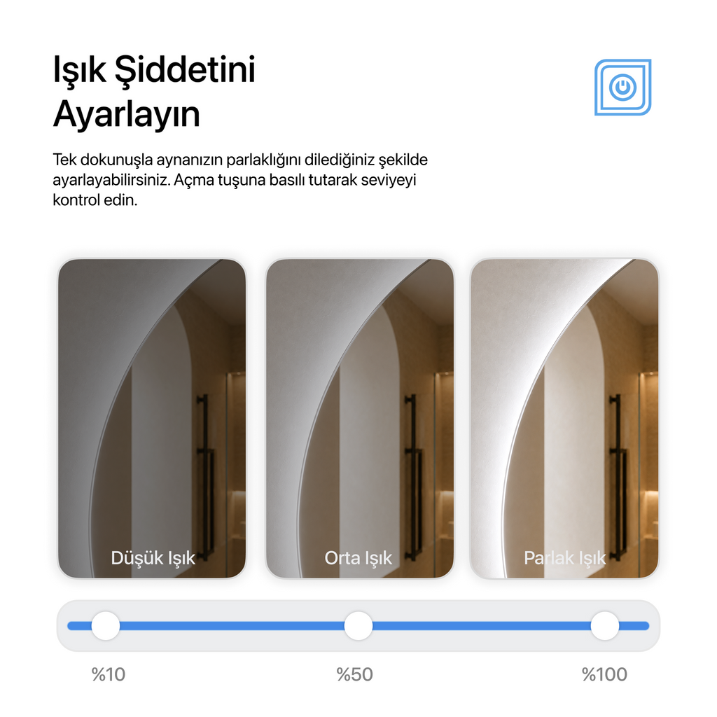 Kumlamasız Dokunmatik Tuşlu ve LED Işıklı Yuvarlak Banyo Aynası - Beyaz Işık