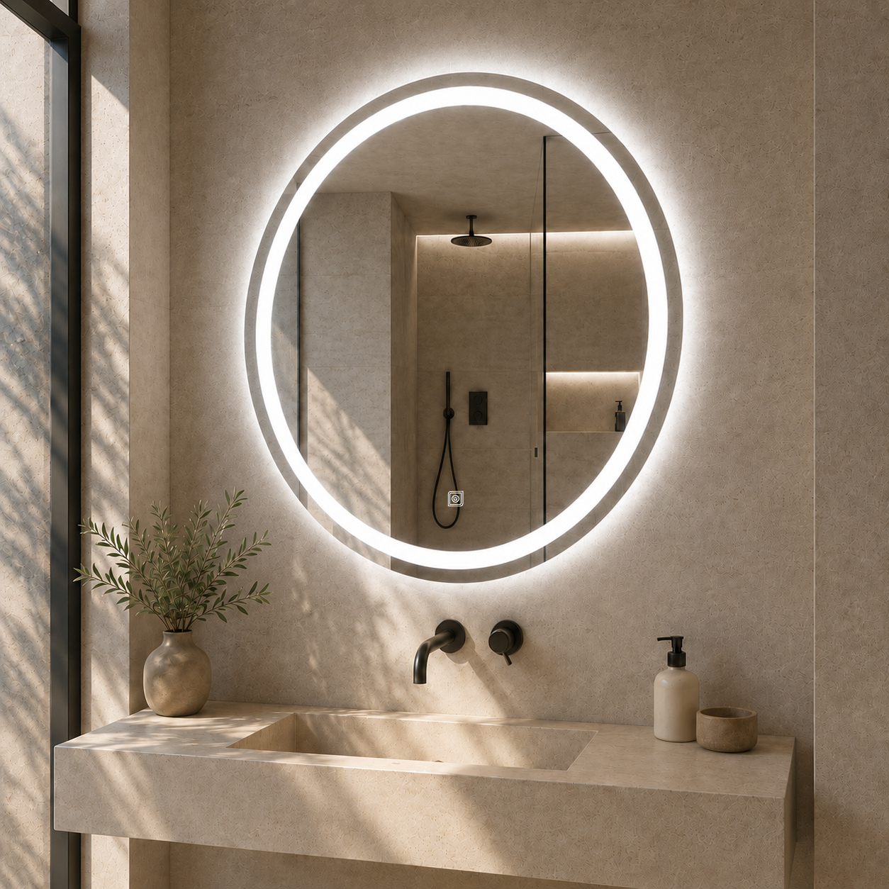 Dokunmatik Tuşlu ve LED Işıklı Yuvarlak Banyo Aynası - Beyaz Işık