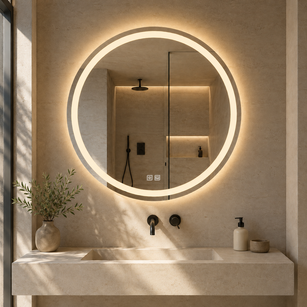 Buğu Çözücülü, Dokunmatik Tuşlu, LED Işıklı Yuvarlak Banyo Aynası - Gün Işığı