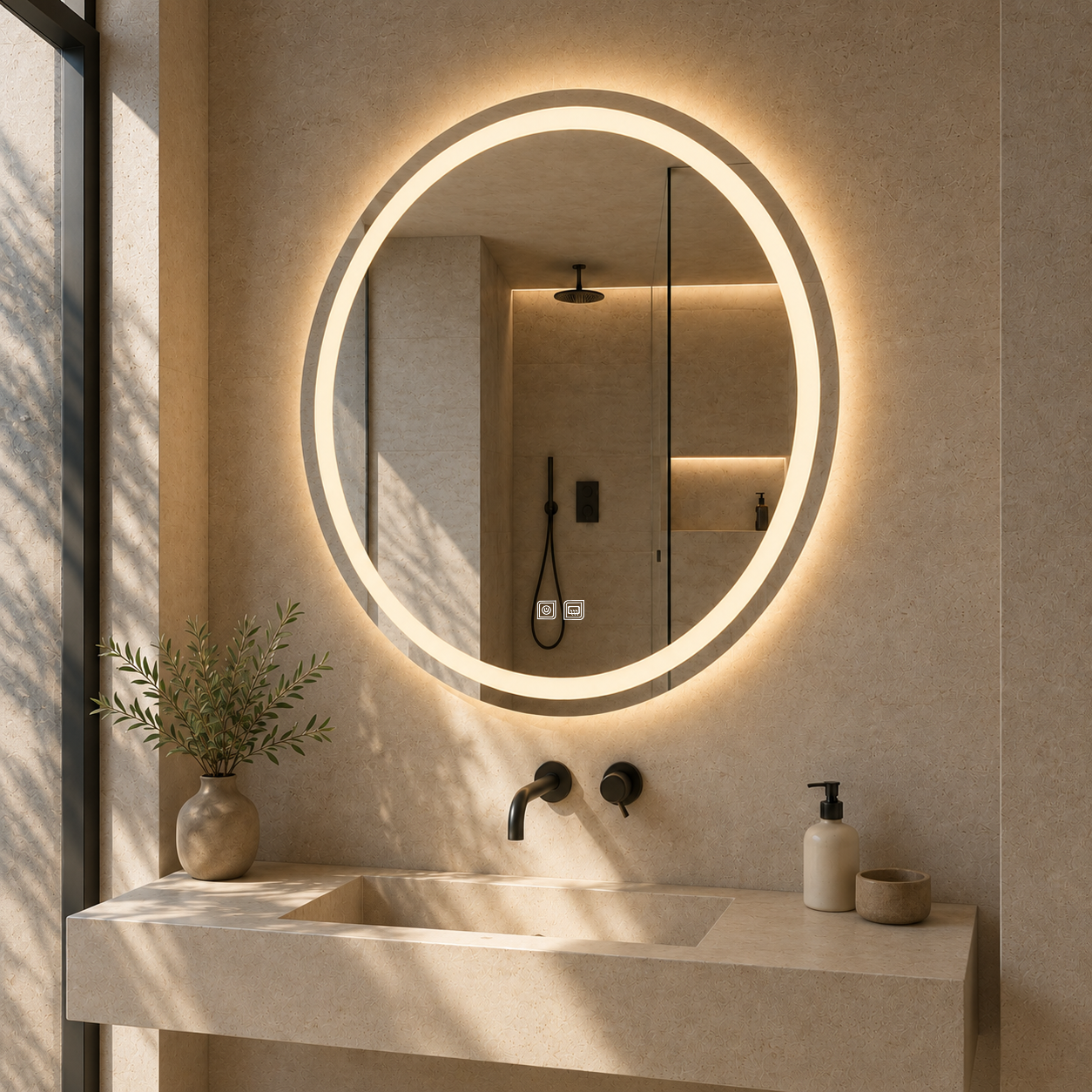 Buğu Çözücülü, Dokunmatik Tuşlu, LED Işıklı Yuvarlak Banyo Aynası - Gün Işığı