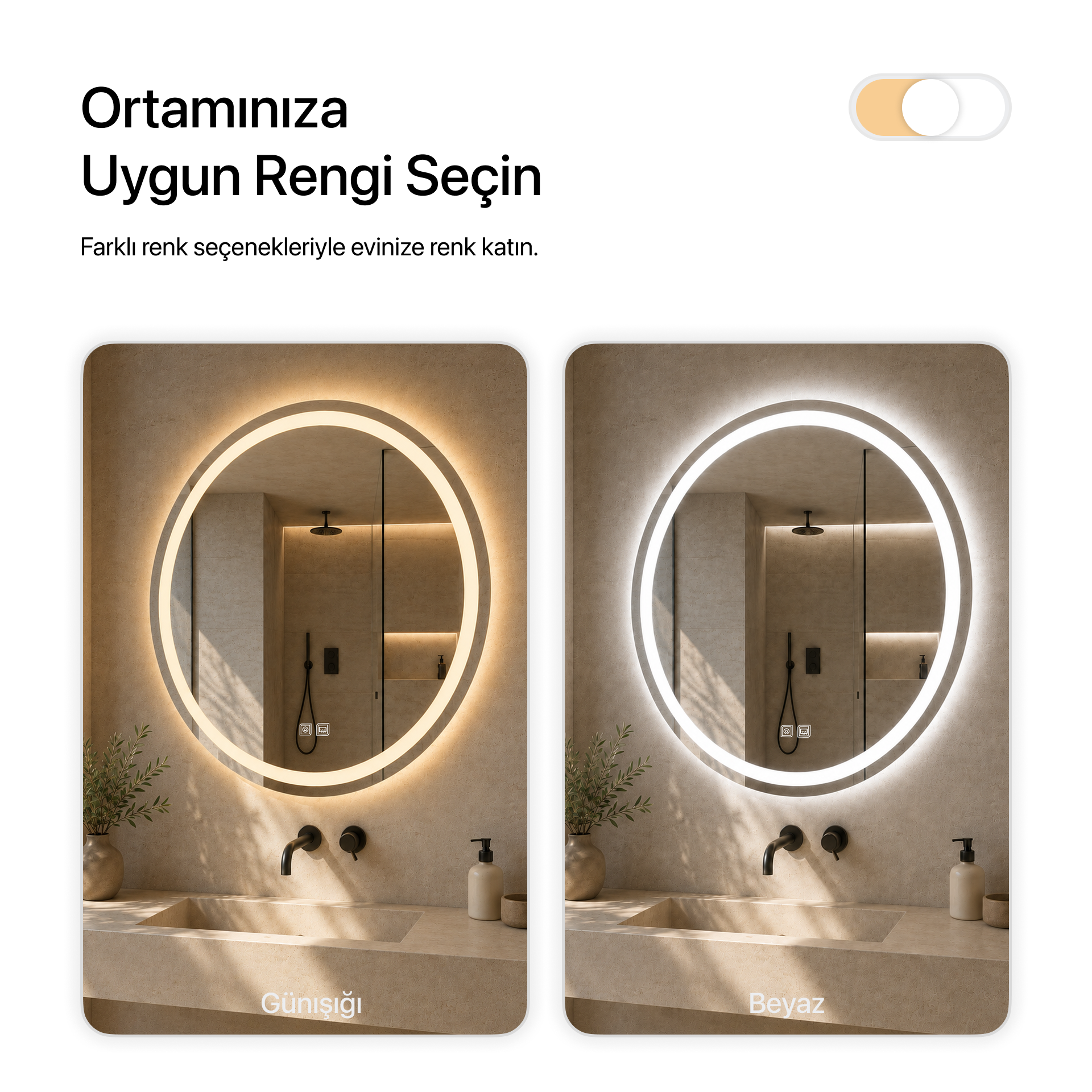 Buğu Çözücülü, Dokunmatik Tuşlu, LED Işıklı Yuvarlak Banyo Aynası - Gün Işığı