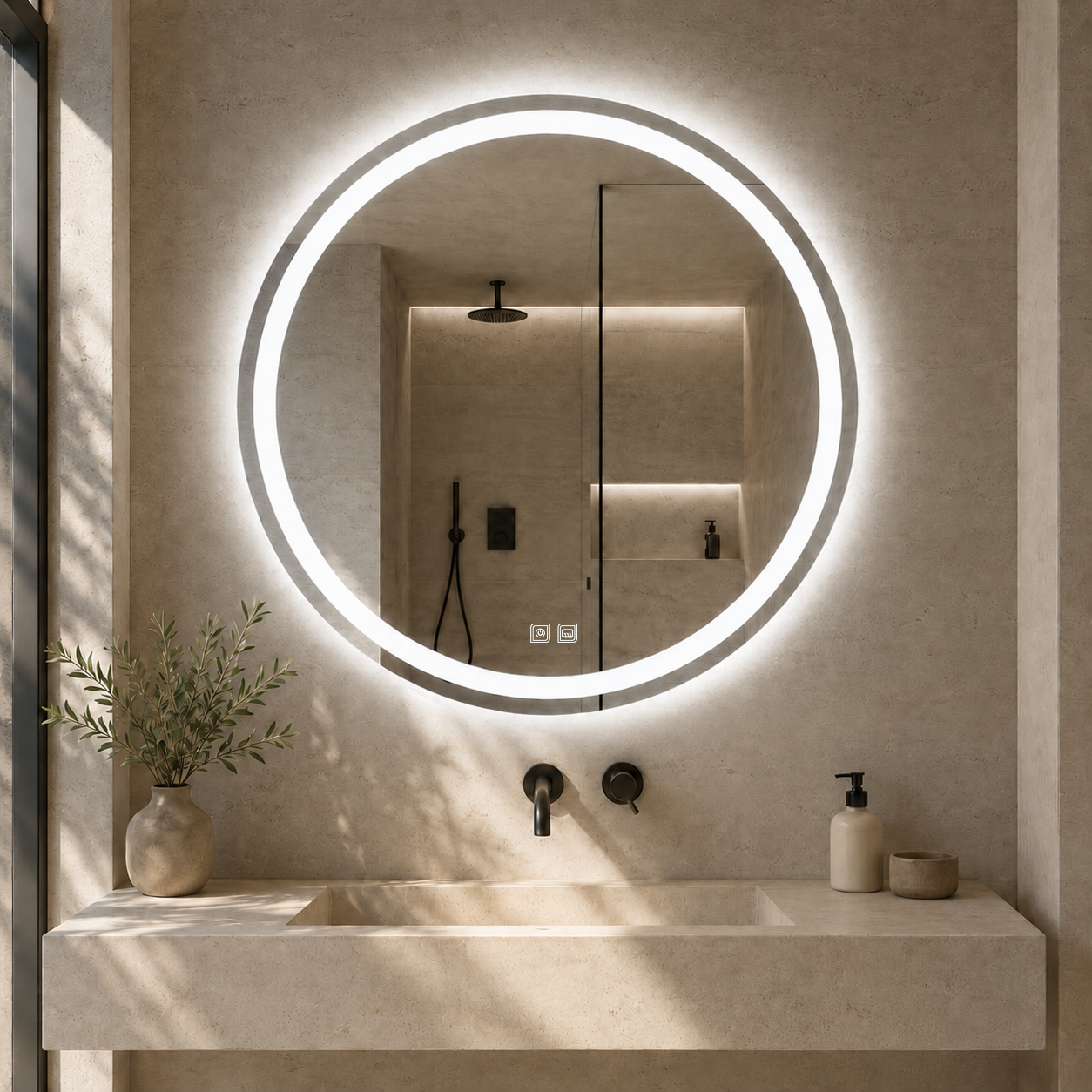 Buğu Çözücülü, Dokunmatik Tuşlu, LED Işıklı Yuvarlak Banyo Aynası - Beyaz Işık