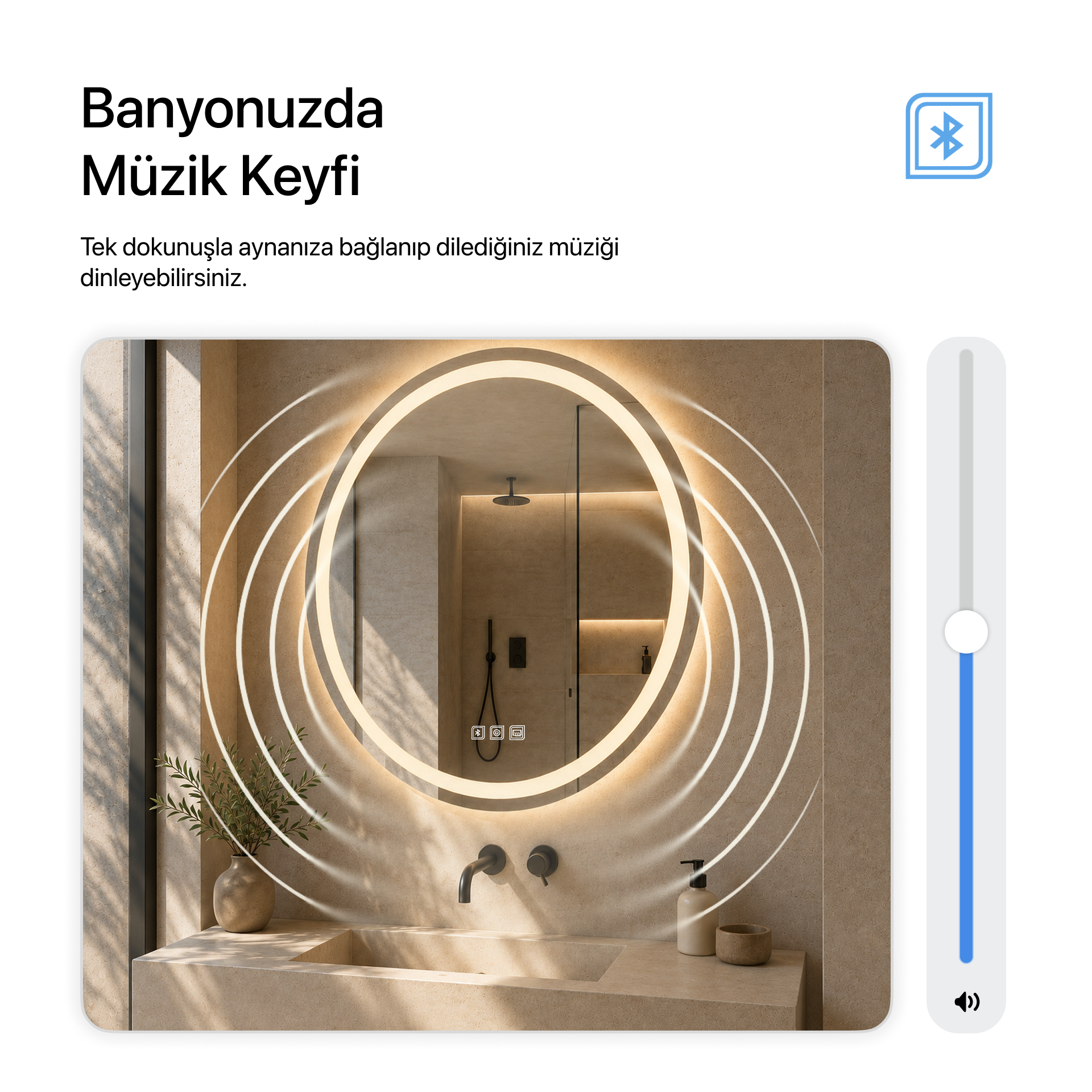 Bluetoothlu, Buğu Çözücülü, Dokunmatik LEDli Yuvarlak Ayna - Gün Işığı