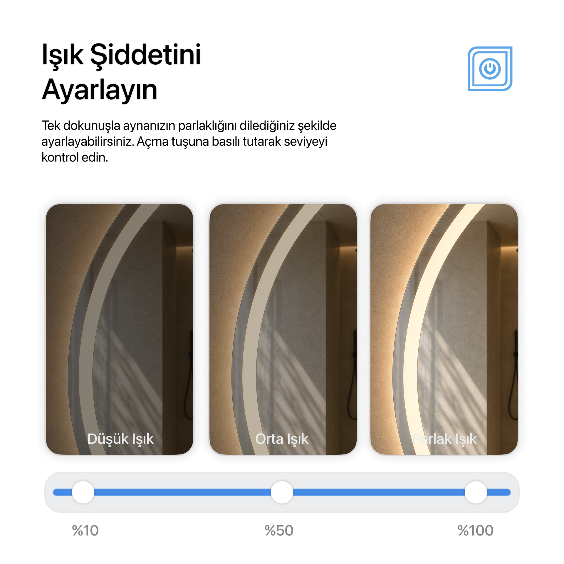 Buğu Çözücülü, Dokunmatik Tuşlu, LED Işıklı Yuvarlak Banyo Aynası - Gün Işığı