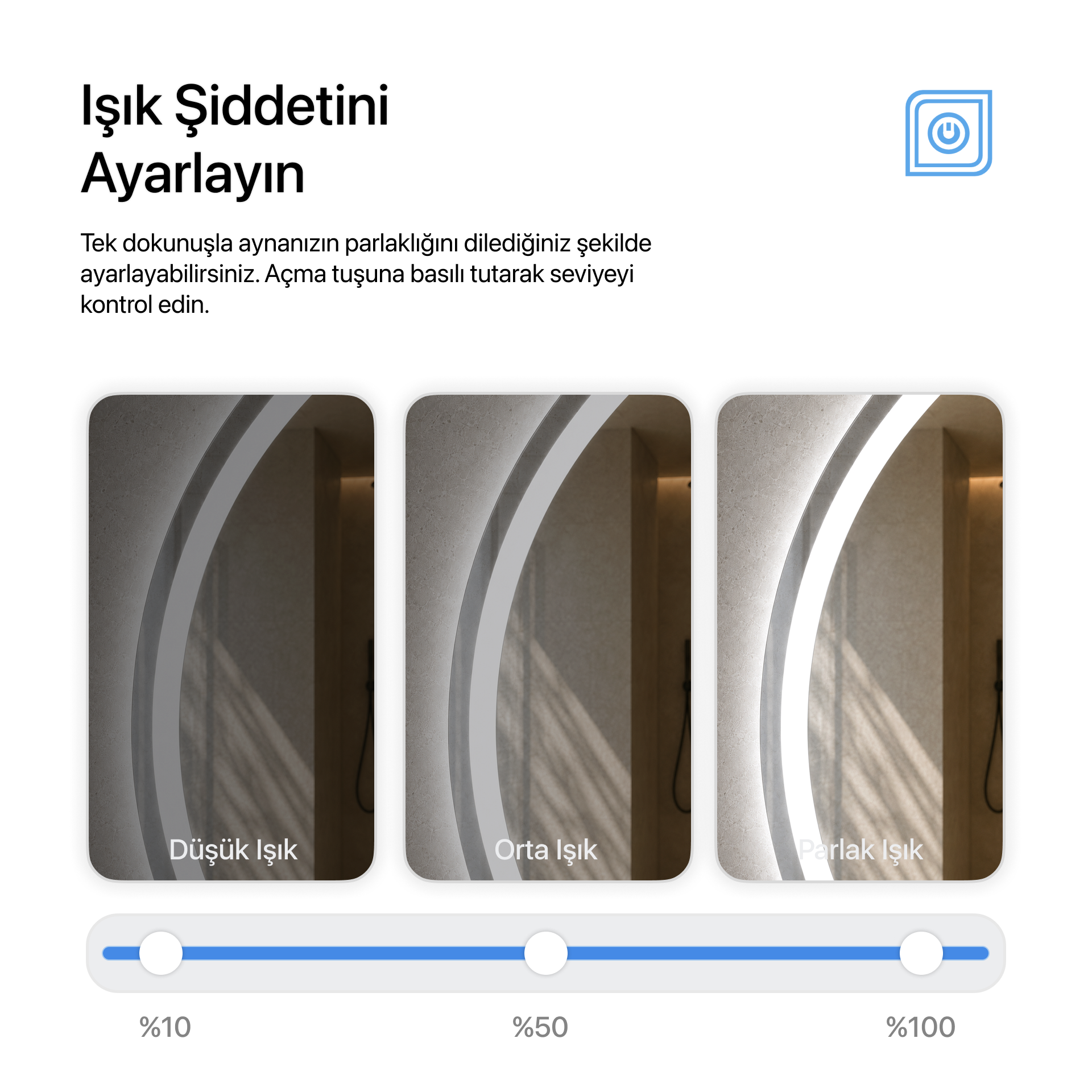 Buğu Çözücülü, Dokunmatik Tuşlu, LED Işıklı Yuvarlak Banyo Aynası - Beyaz Işık