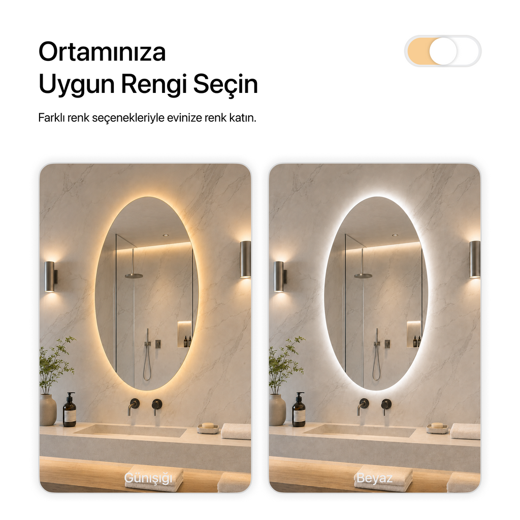 Kumlamasız LED Işıklı Elips Banyo Aynası - Gün Işığı
