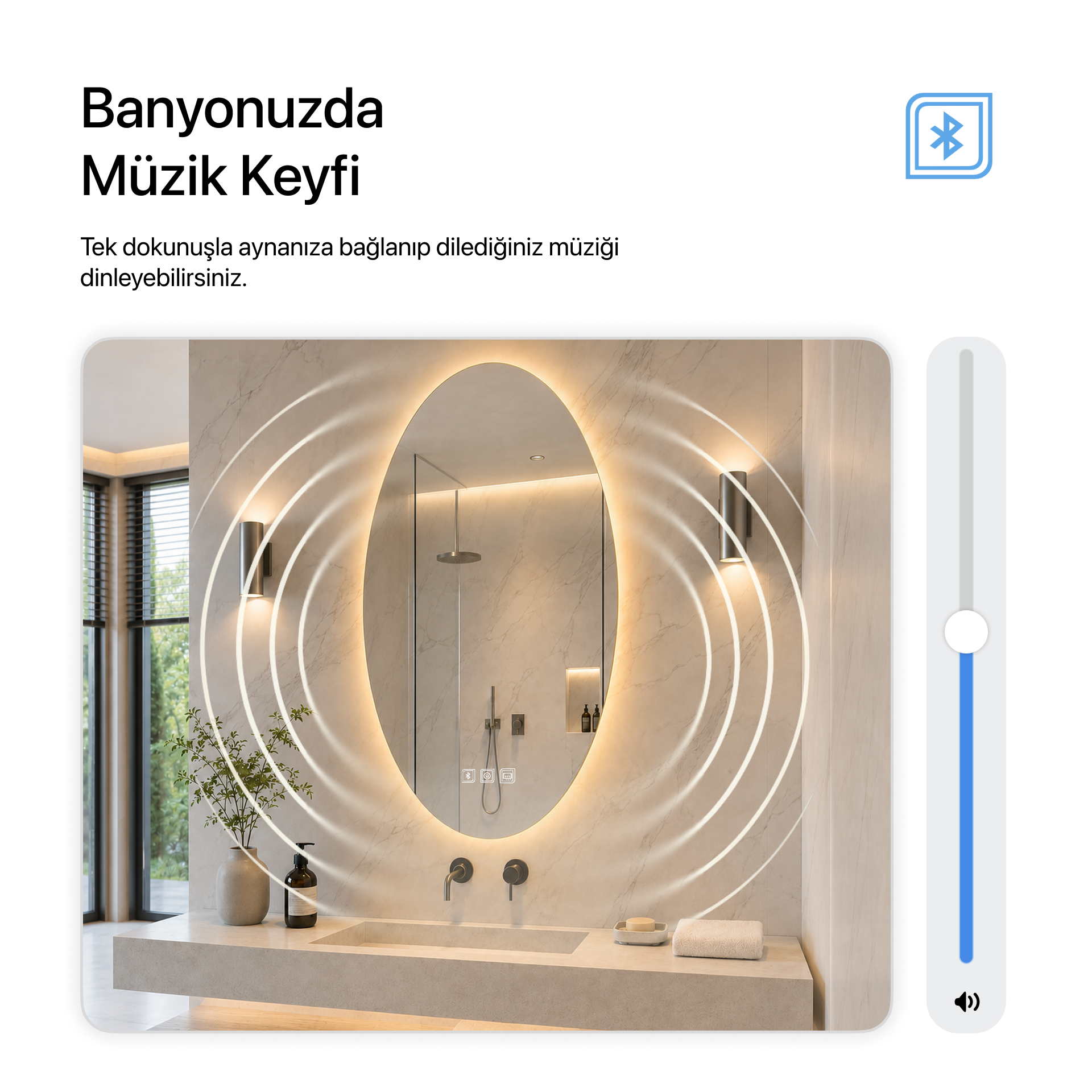 Kumlamasız Bluetoothlu, Buğu Çözücülü, Dokunmatik LEDli Elips Ayna - Gün Işığı