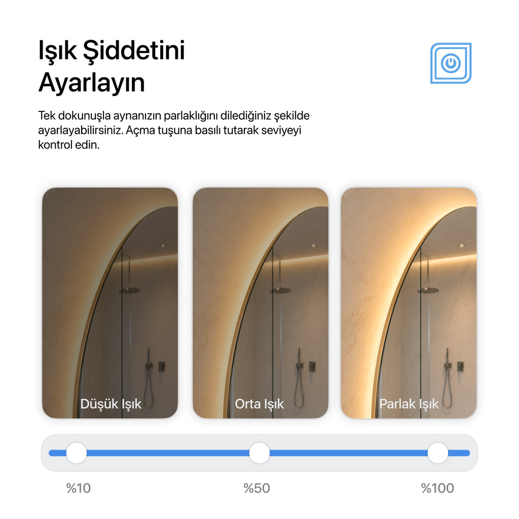 Kumlamasız Dokunmatik Tuşlu ve LED Işıklı Elips Banyo Aynası - Gün Işığı