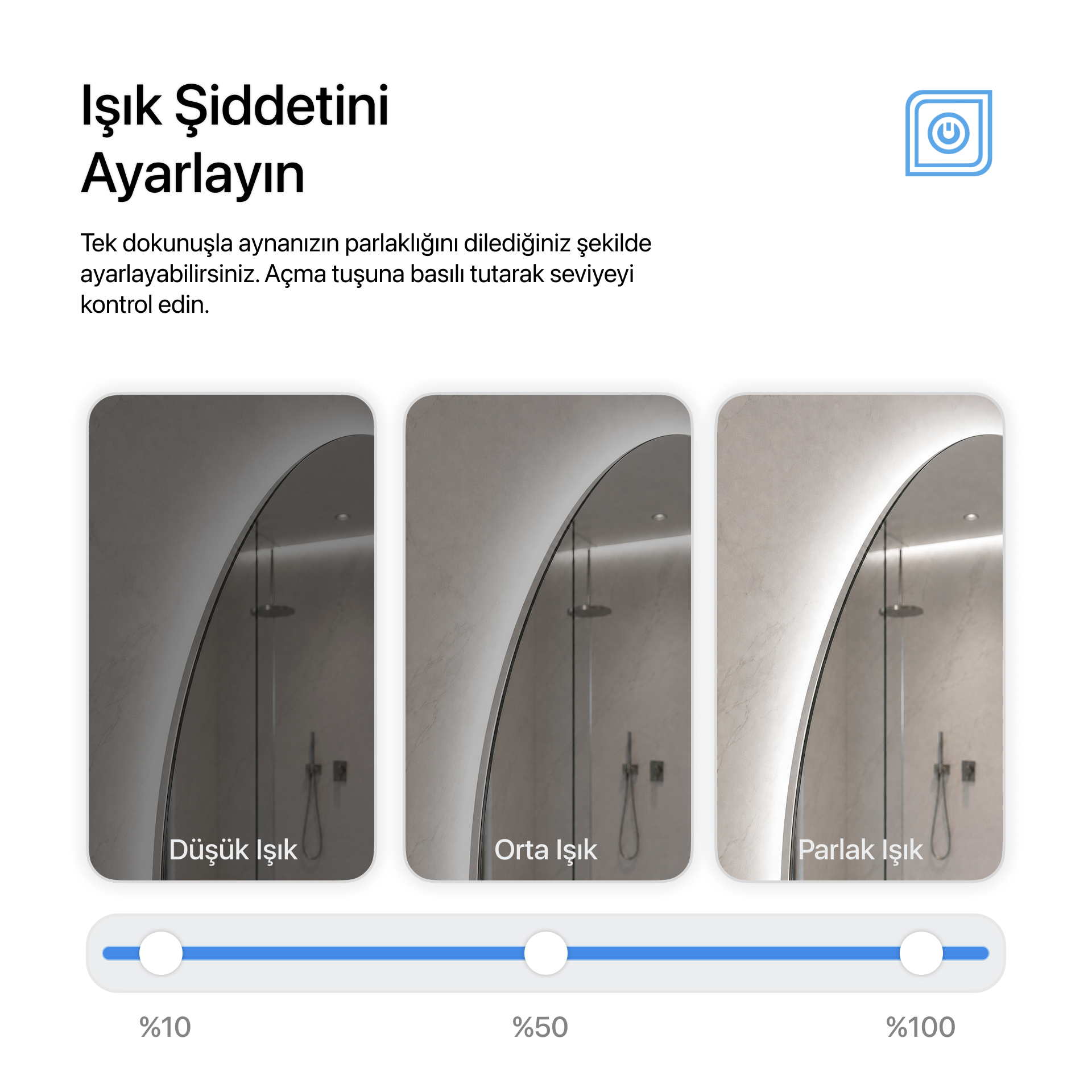 Kumlamasız Dokunmatik Tuşlu ve LED Işıklı Elips Banyo Aynası - Beyaz Işık
