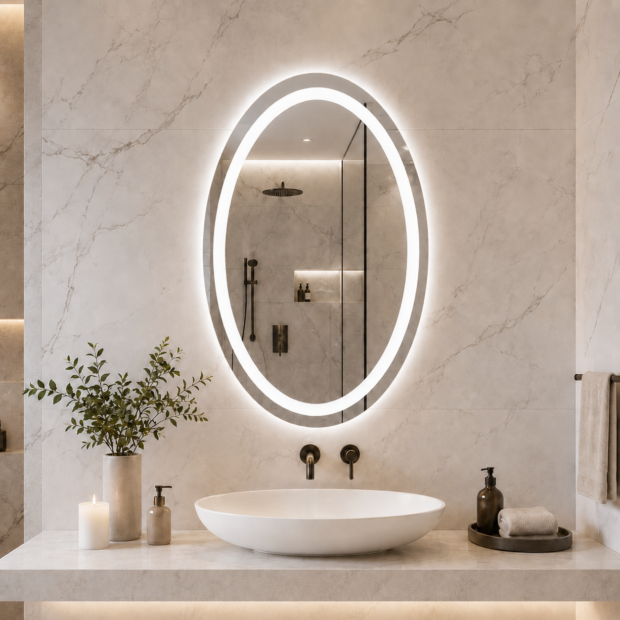 LED Işıklı Elips Banyo Aynası - Beyaz Işık