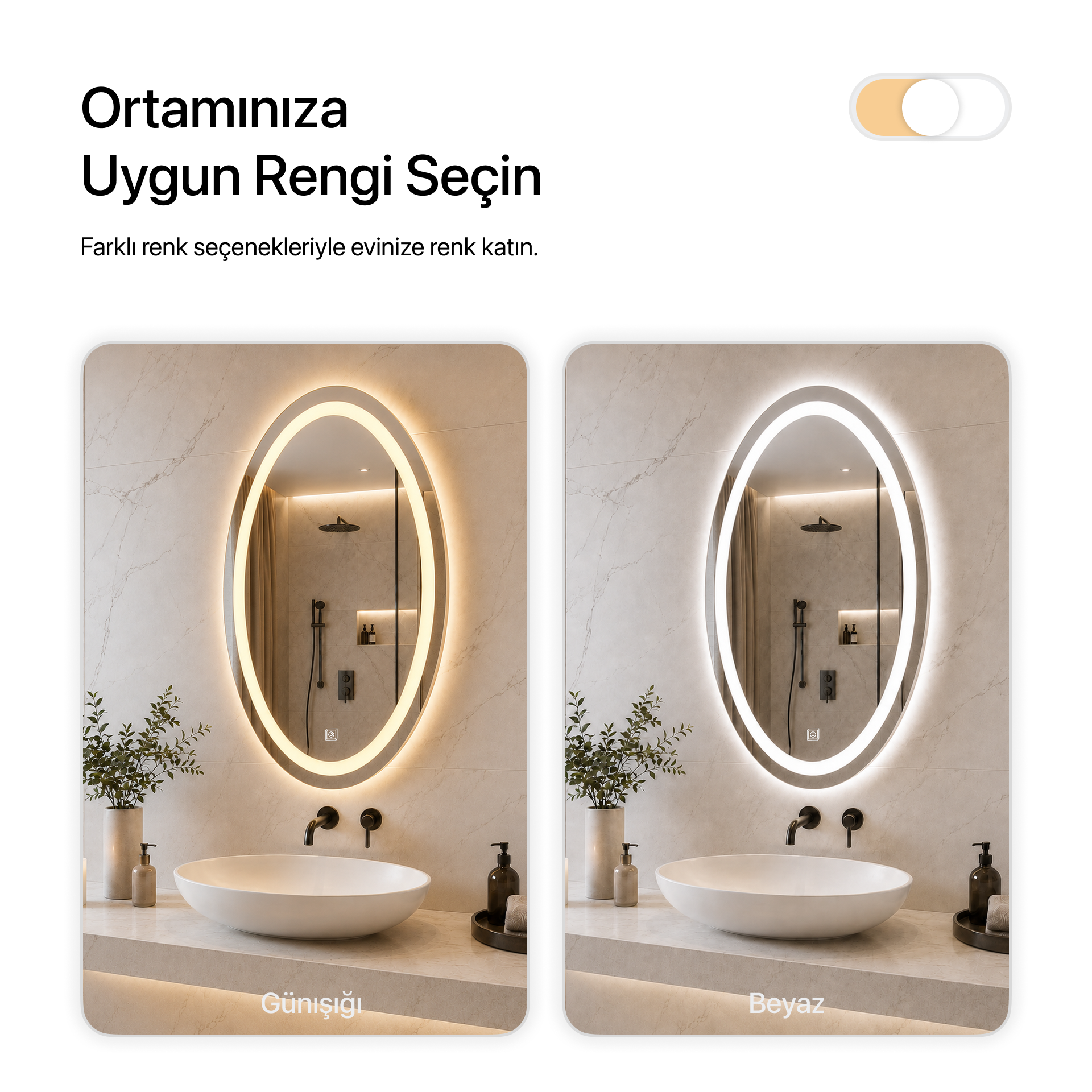 Dokunmatik Tuşlu ve LED Işıklı Elips Banyo Aynası - Gün Işığı