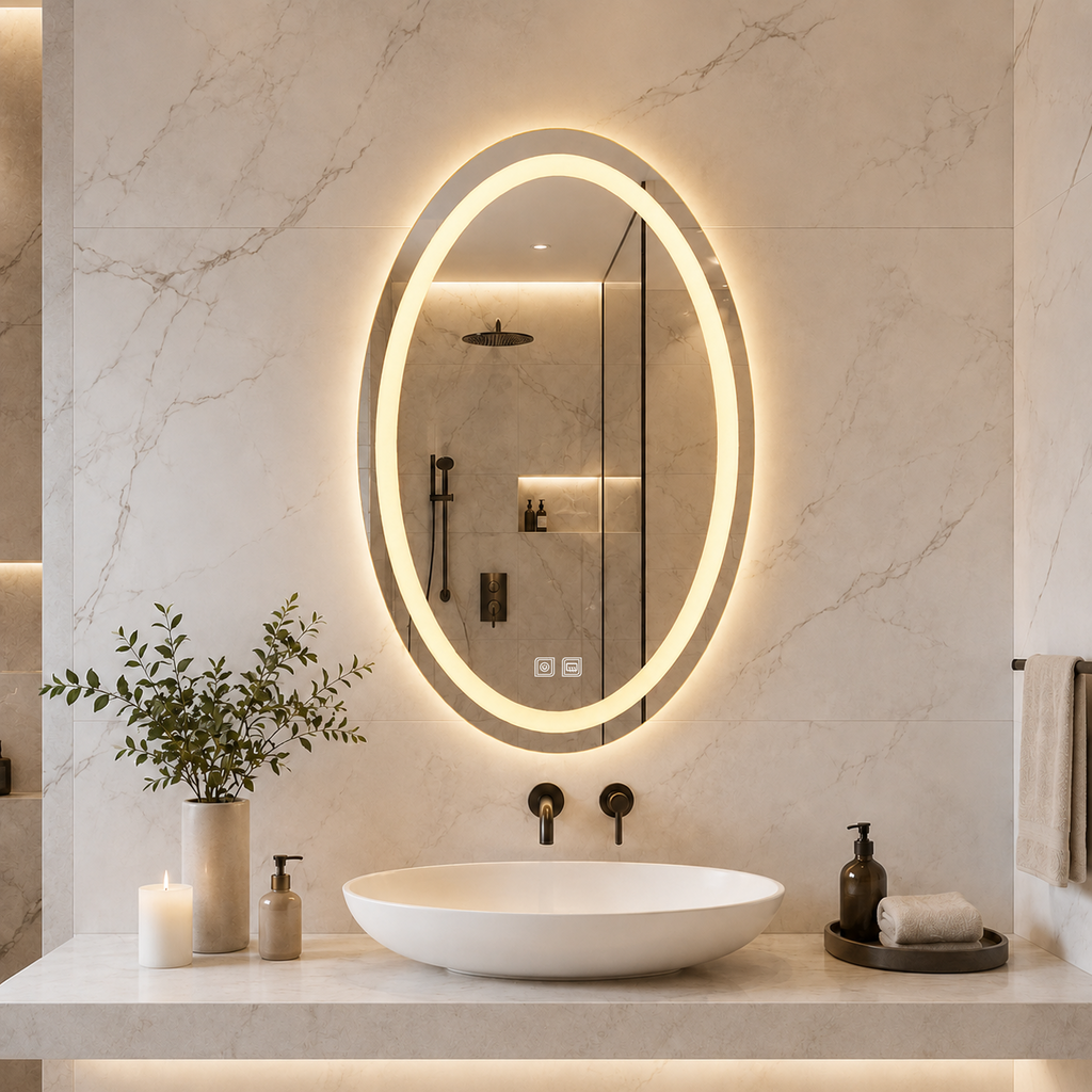 Buğu Çözücülü, Dokunmatik Tuşlu, LED Işıklı Elips Banyo Aynası - Gün Işığı