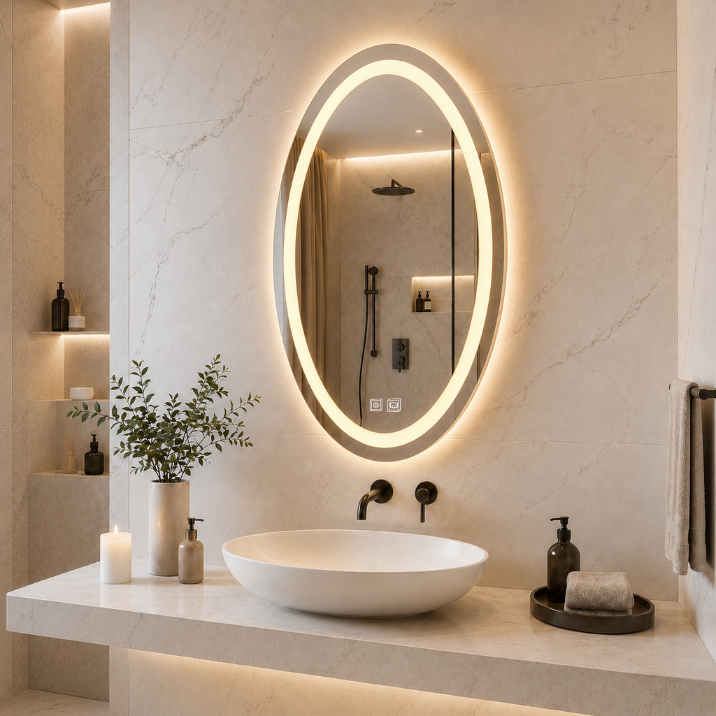Buğu Çözücülü, Dokunmatik Tuşlu, LED Işıklı Elips Banyo Aynası - Gün Işığı