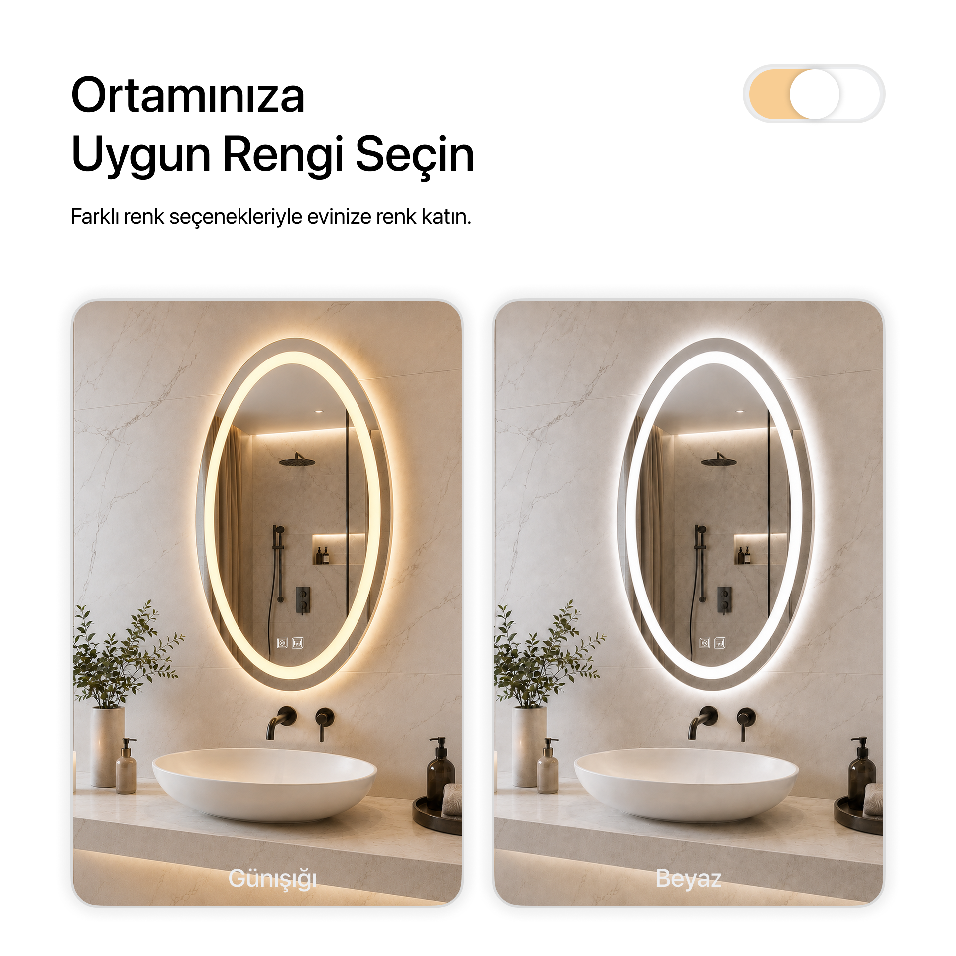 Buğu Çözücülü, Dokunmatik Tuşlu, LED Işıklı Elips Banyo Aynası - Gün Işığı