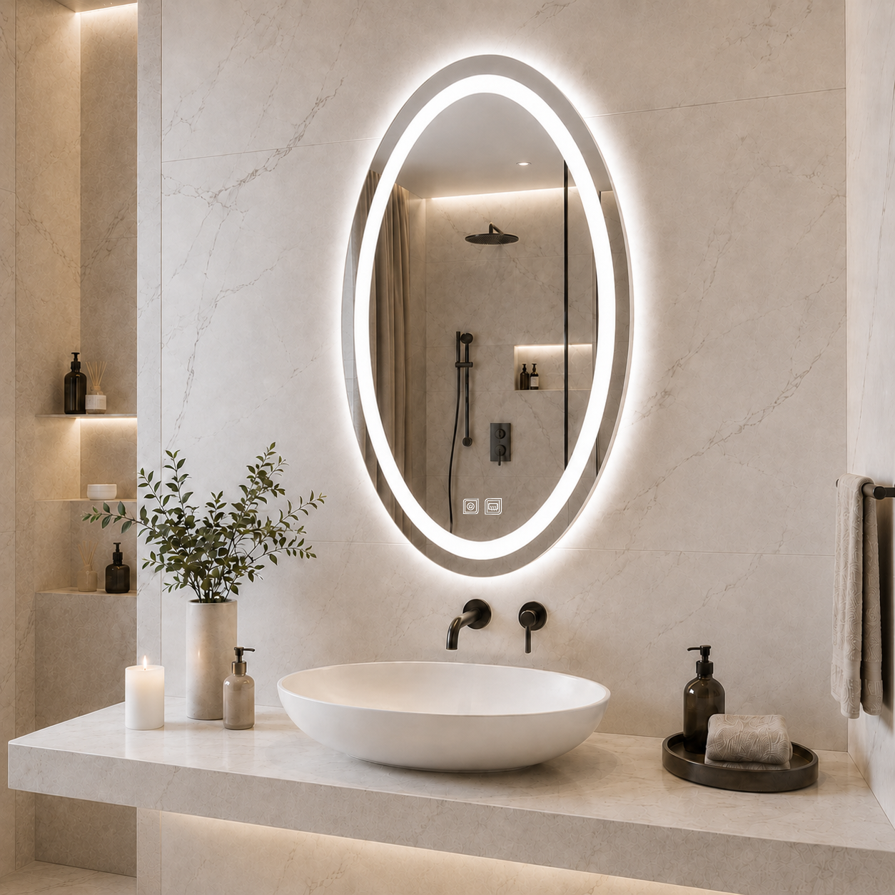 Buğu Çözücülü, Dokunmatik Tuşlu, LED Işıklı Elips Banyo Aynası - Beyaz Işık