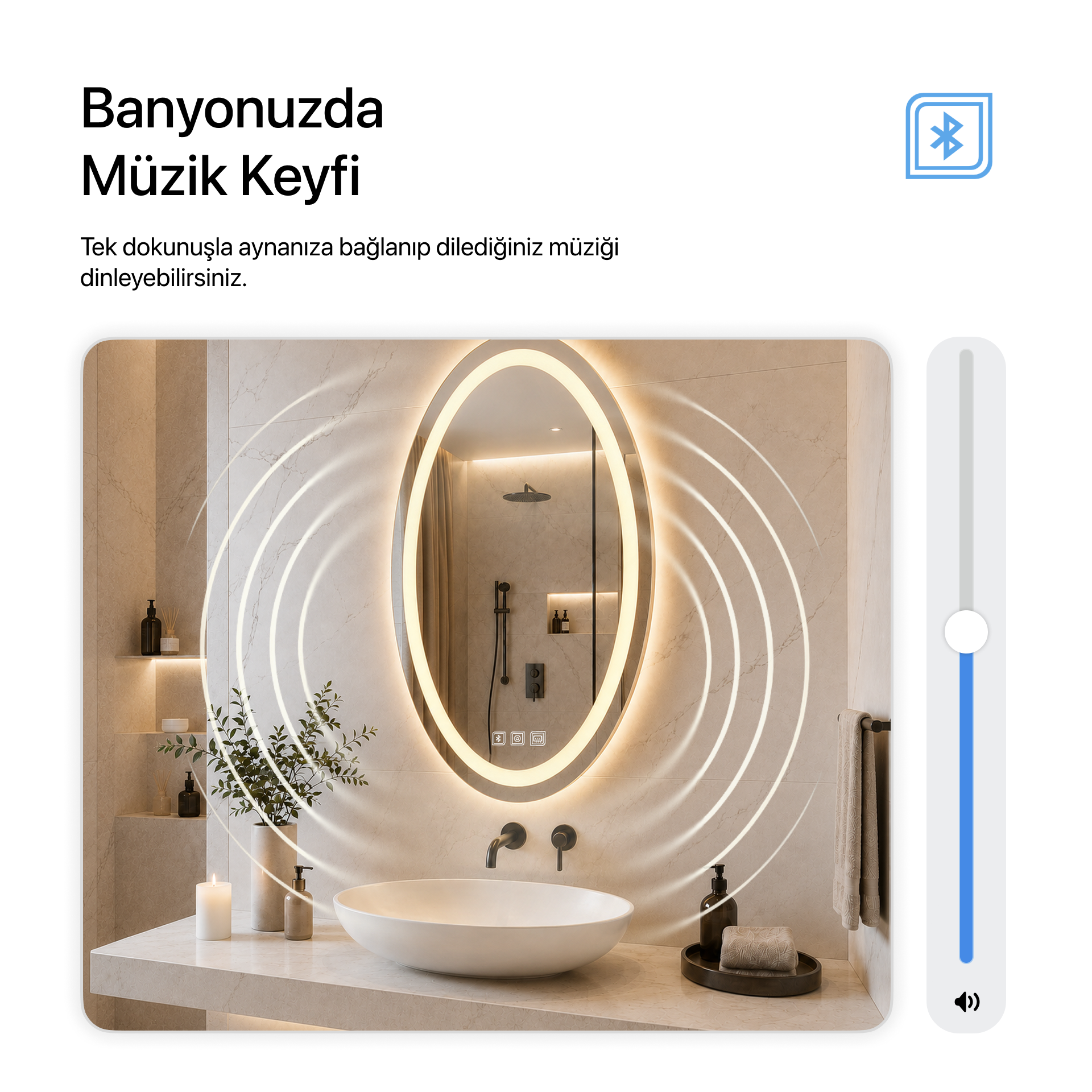 Bluetoothlu, Buğu Çözücülü, Dokunmatik LEDli Elips Ayna - Gün Işığı