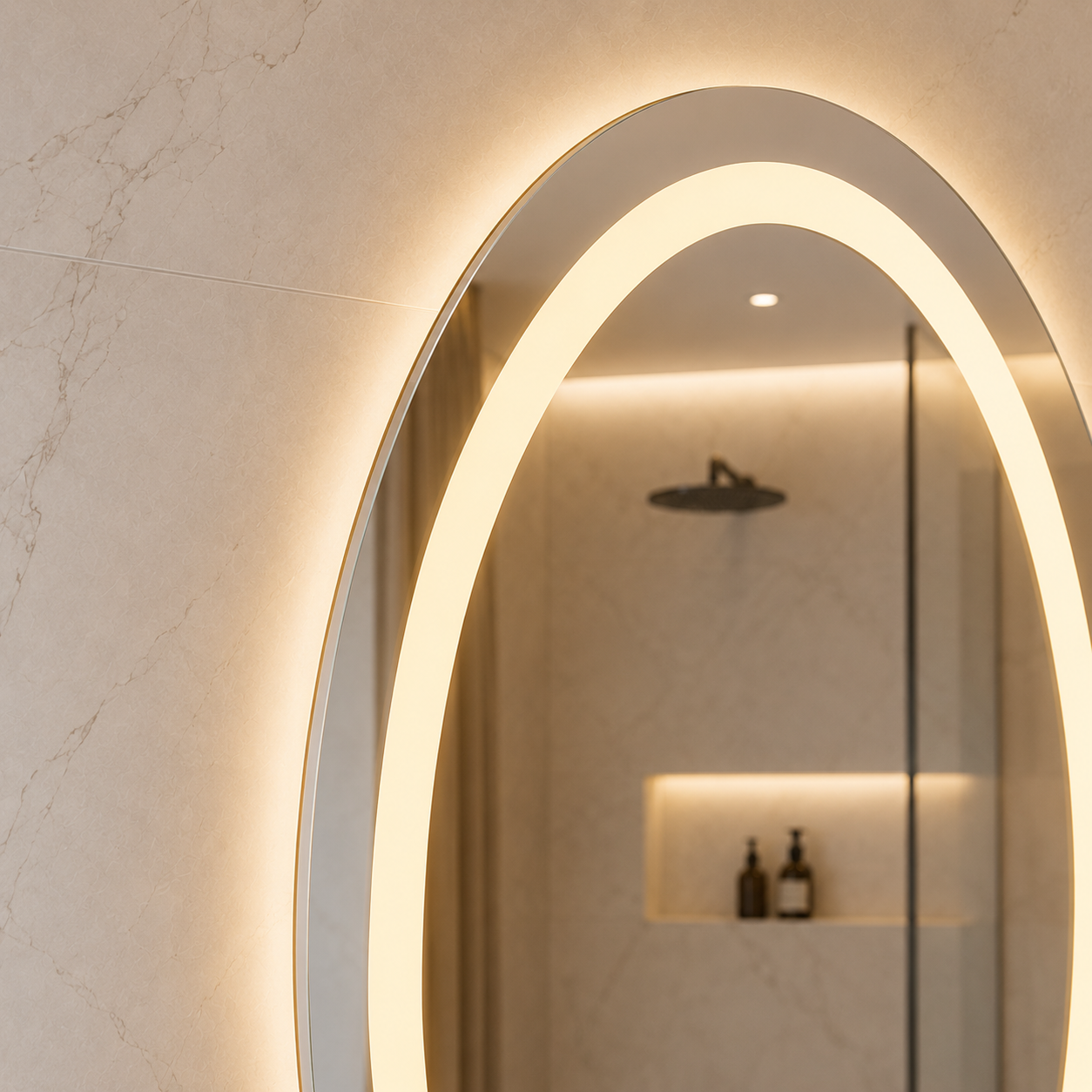 Buğu Çözücülü, Dokunmatik Tuşlu, LED Işıklı Elips Banyo Aynası - Gün Işığı
