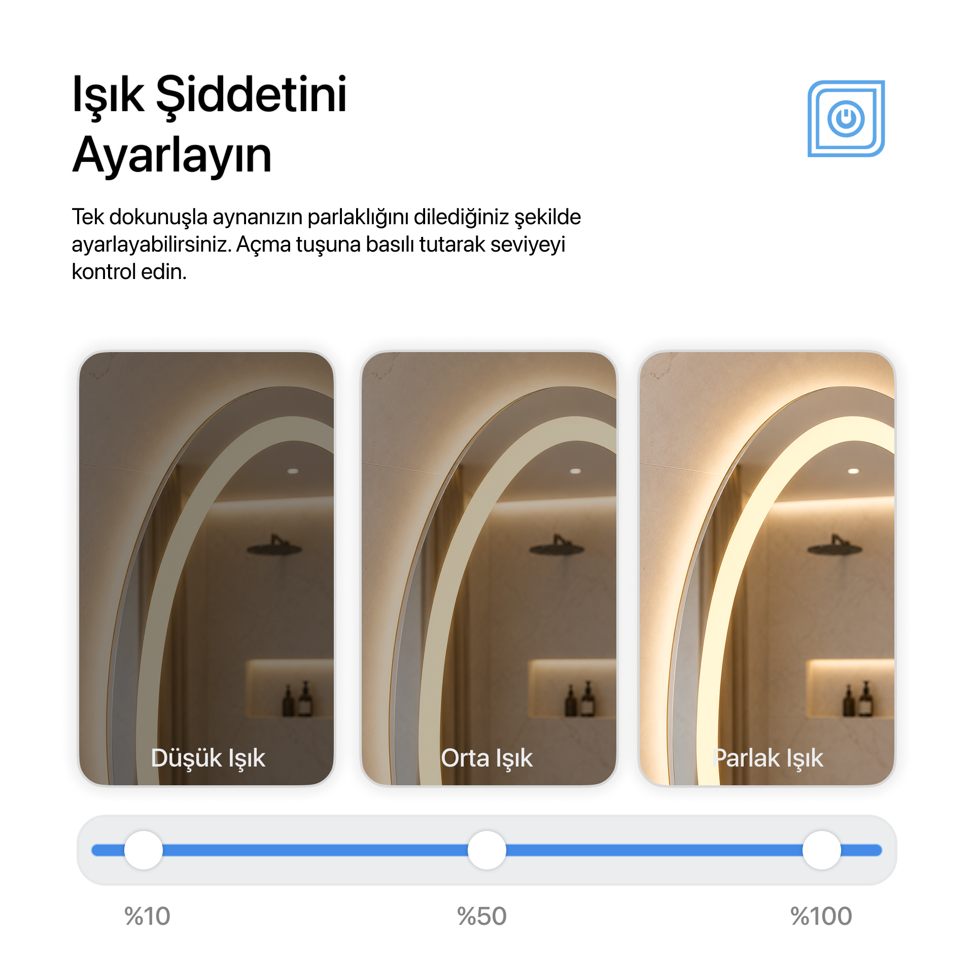 Buğu Çözücülü, Dokunmatik Tuşlu, LED Işıklı Elips Banyo Aynası - Gün Işığı