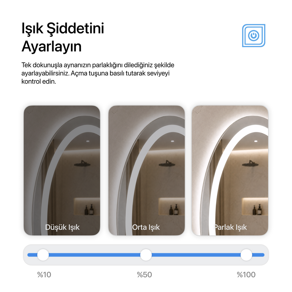 Buğu Çözücülü, Dokunmatik Tuşlu, LED Işıklı Elips Banyo Aynası - Beyaz Işık