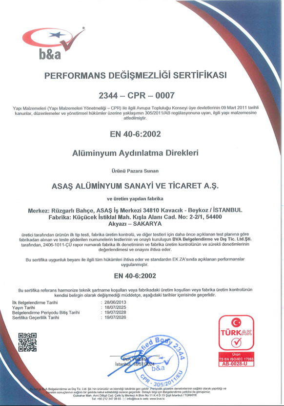 B&A PERFORMANS DEĞİŞMEZLİĞİ SERTİFİKASI