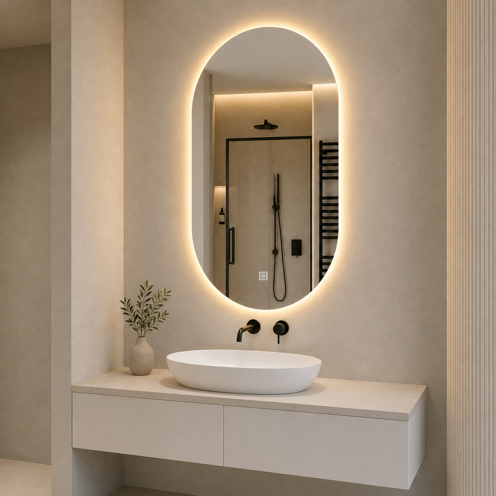 Kumlamasız Dokunmatik Tuşlu ve LED Işıklı Oval Banyo Aynası - Gün Işığı